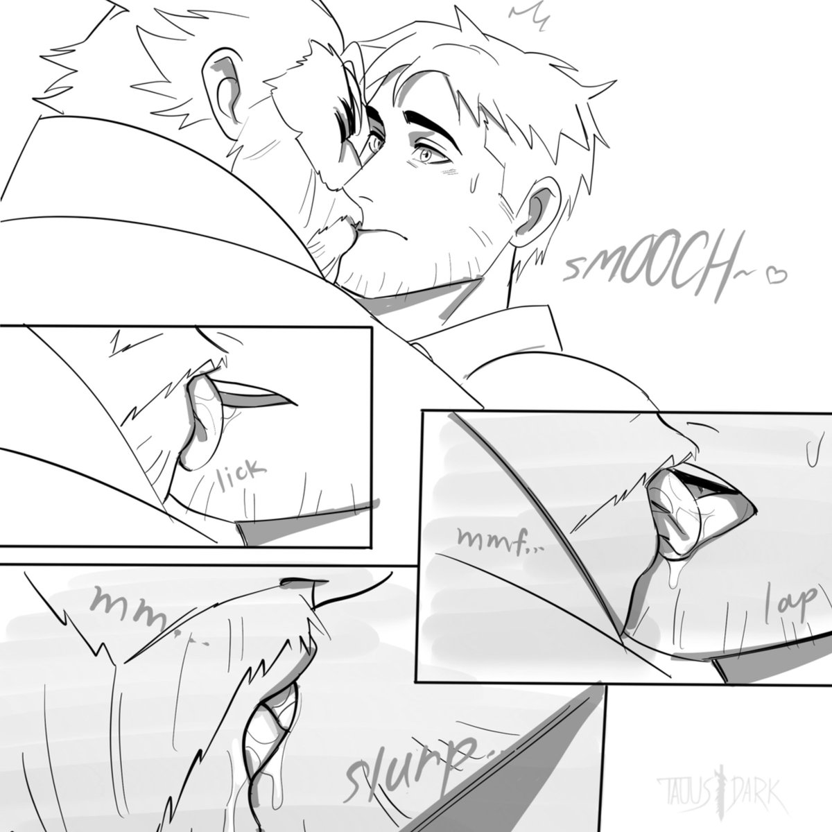 beard, closed eyes, dispatch (game), gay, kissing, makeout, male, male only, muscular, muscular male, older male and younger male, phenomaman, robert robertson, saliva, saliva drip, saliva on tongue, taous dark, tongue kiss