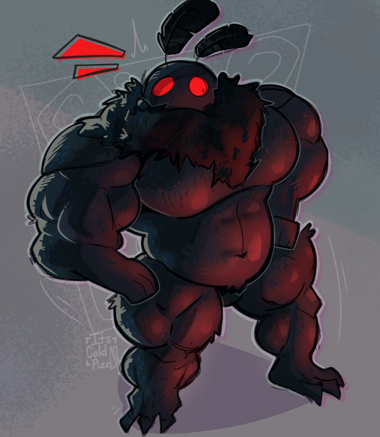 bara, body hair, breasts, buff male, bulge, its coldpizzart, male, male only, man boobs, man tits, mothman, muscular, muscular male, red eyes