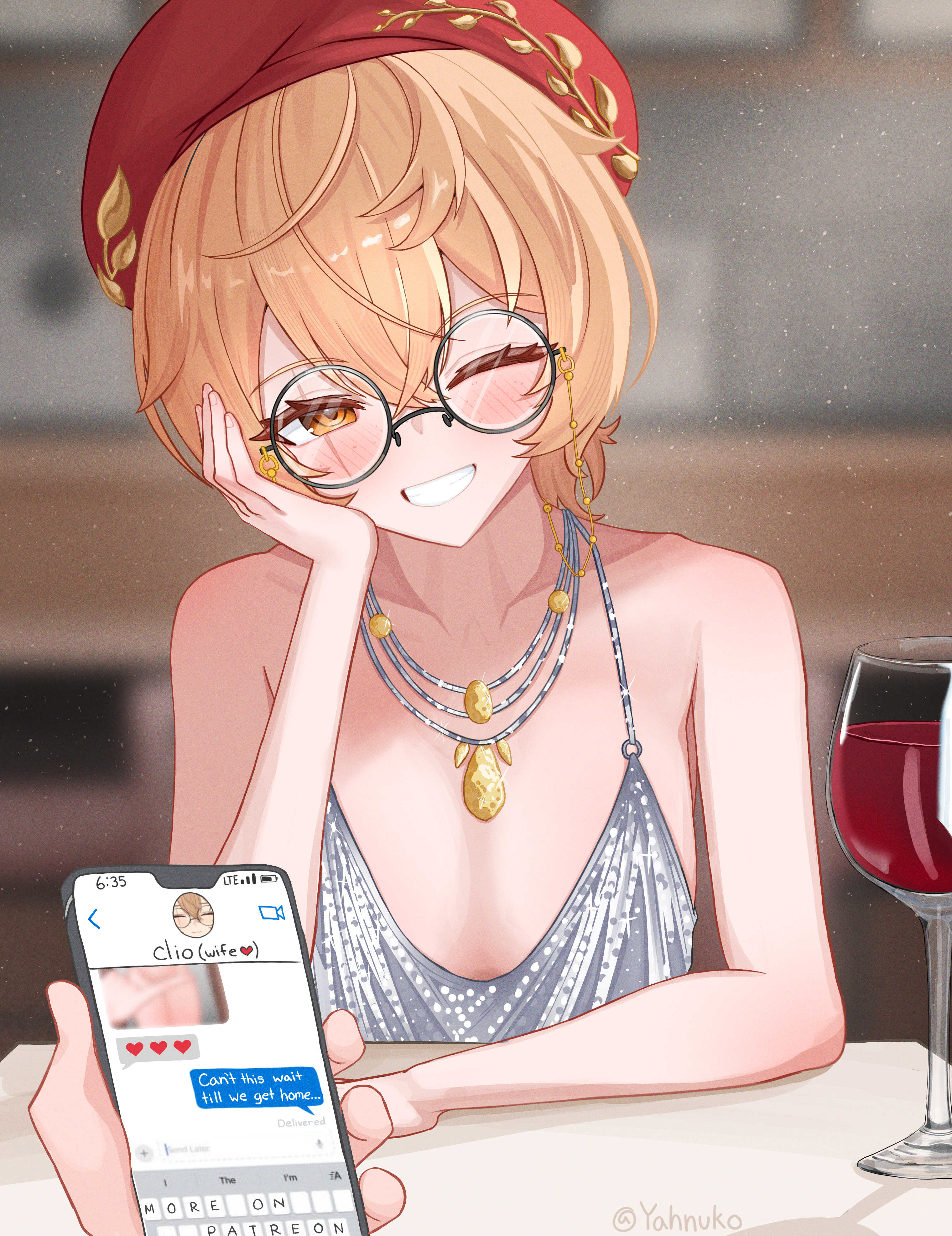 1boy, 1girls, beret, blush, breasts, brown eyes, brown hair, clio aite, date, dress, drinking glass, eyebrows visible through hair, female, glass, glasses, hat, holding phone, indoors, inviting, light skin, light-skinned female, light-skinned male, male, male pov, necklaces, one eye closed, phase connect, phase invaders quest, phone, pov, seductive, small breasts, smartphone, sparkling dress, texting, virtual youtuber, wholesome, wife, wife and husband, wine, wine glass, wink, winking at viewer, yahnuko