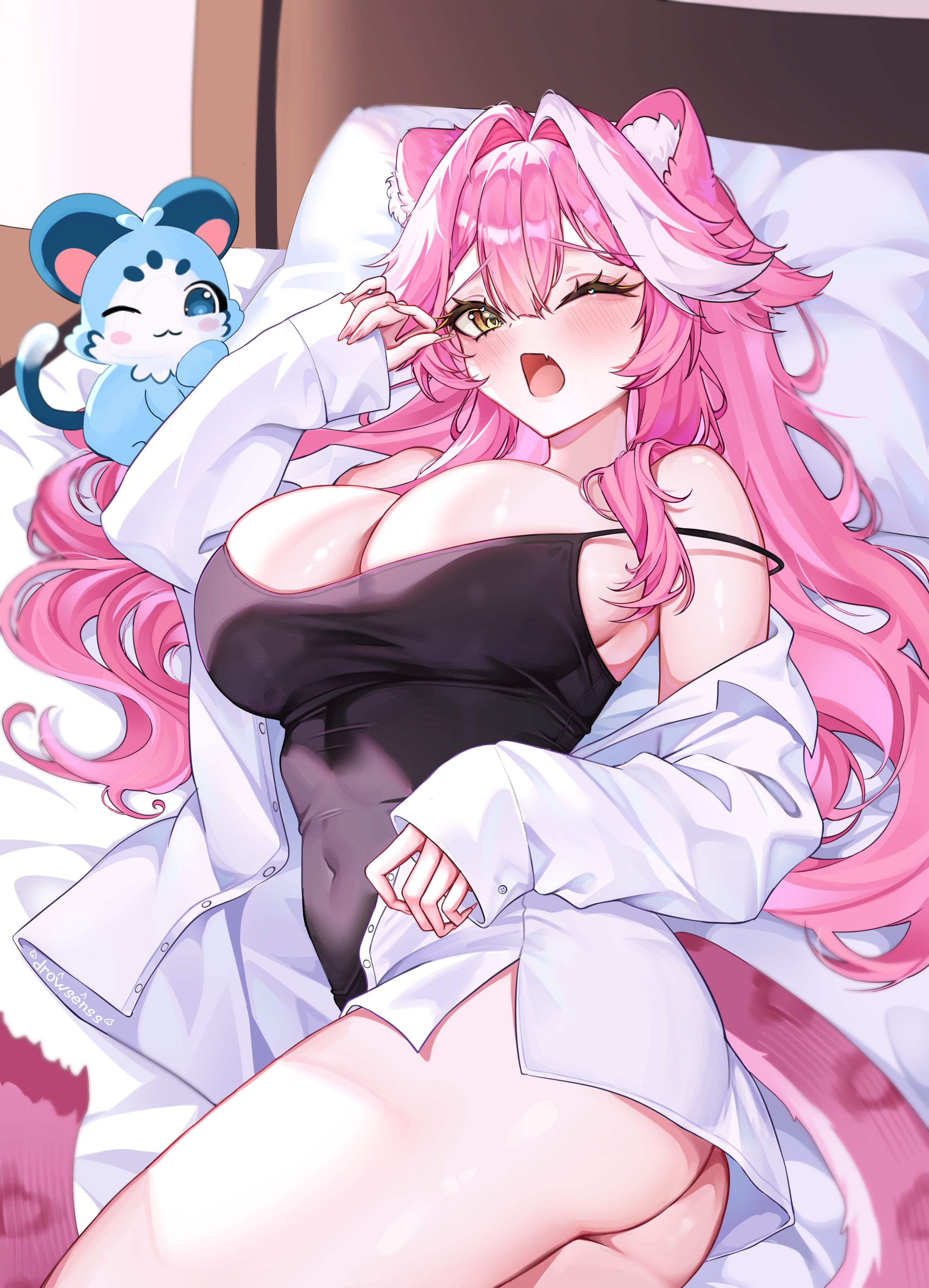 ;o, absurdres, alternate costume, animal ear fluff, animal ears, ass, black camisole, blush, breasts, camisole, chattino (raora panthera), cleavage, collared shirt, commentary, covered navel, cute fang, drowsenss, english commentary, fan mascot (vtuber), fangs, female, hair between eyes, highres, hololive, hololive english, hololive english -justice-, large breasts, long hair, long sleeves, looking at viewer, lying, multicolored hair, no pants, on bed, one eye closed, open clothes, open mouth, open shirt, panther ears, panther girl, panther tail, pink hair, raora panthera, shirt, sidelocks, skin fang, sleeves past wrists, solo, streaked hair, tail, virtual youtuber, white hair, white shirt, yawning, yellow eyes