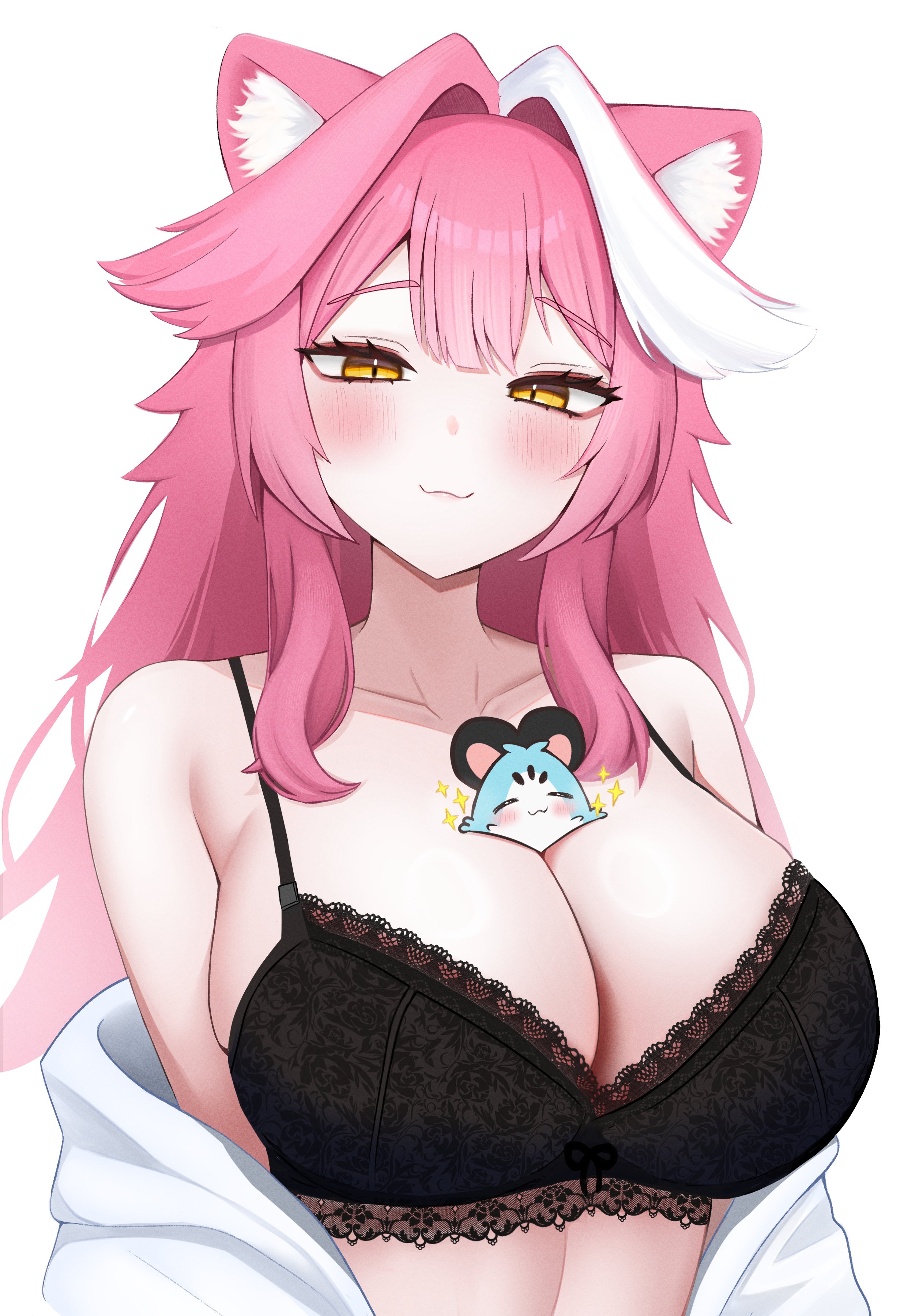 :3, absurdres, animal ears, between breasts, black bra, blush, bra, breasts, chattino (raora panthera), cleavage, closed mouth, collarbone, commentary, english commentary, fan mascot (vtuber), female, hair intakes, highres, hololive, hololive english, hololive english -justice-, lace trim, lace-trimmed bra, large breasts, long hair, looking at viewer, multicolored hair, panther ears, panther girl, pink hair, pink lips, raora panthera, resupyon, shirt, simple background, smile, sparkle, streaked hair, two-tone hair, underwear, virtual youtuber, white background, white hair, white shirt, yellow eyes