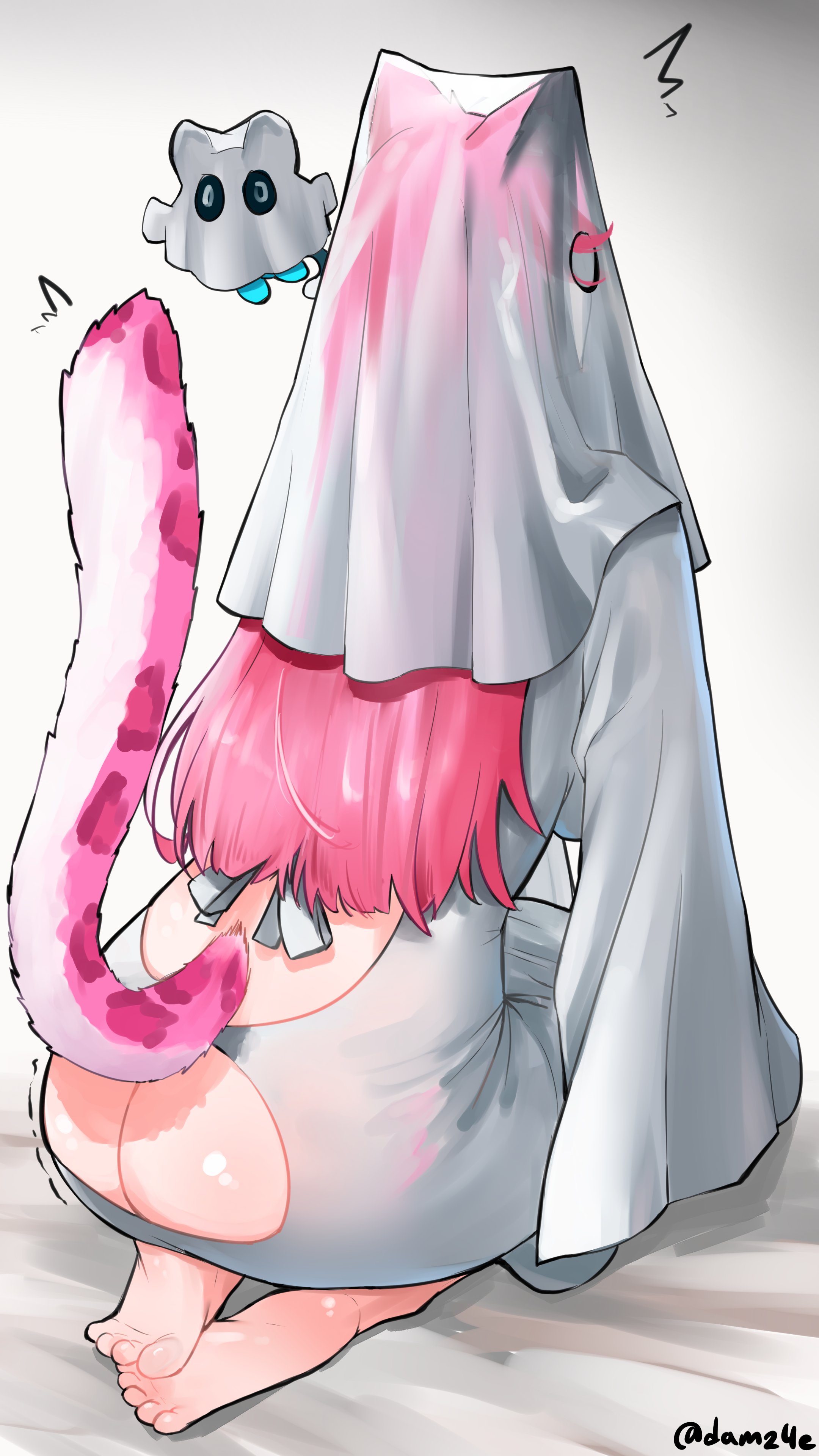 ^^^, absurdres, adammaarr, ass, barefoot, chattino (raora panthera), commentary, dress, fan mascot (vtuber), female, from behind, ghost costume, halloween, highres, hololive, hololive english, hololive english -justice-, long hair, long sleeves, panther girl, panther tail, pink hair, pink tail, raora panthera, seiza, sitting, tail, twitter username, veil, virtual youtuber, white background, white dress, white veil