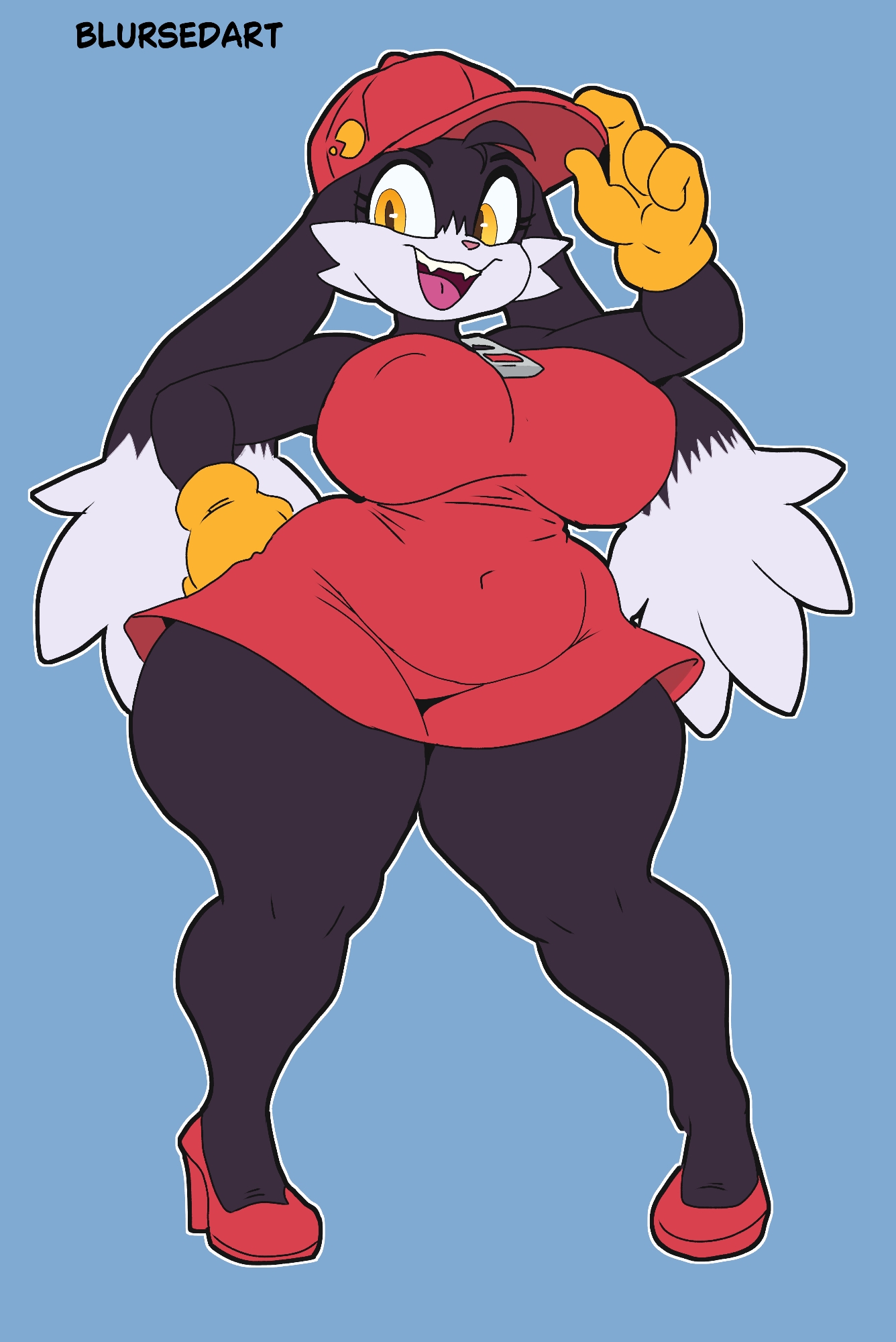 2025, anthro, bandai namco, big breasts, blursedart, breasts, female, female klonoa, hi res, klonoa, klonoa (series), nipples visible through clothing, red dress, red hat, rule 63, solo, thick thighs, yellow eyes