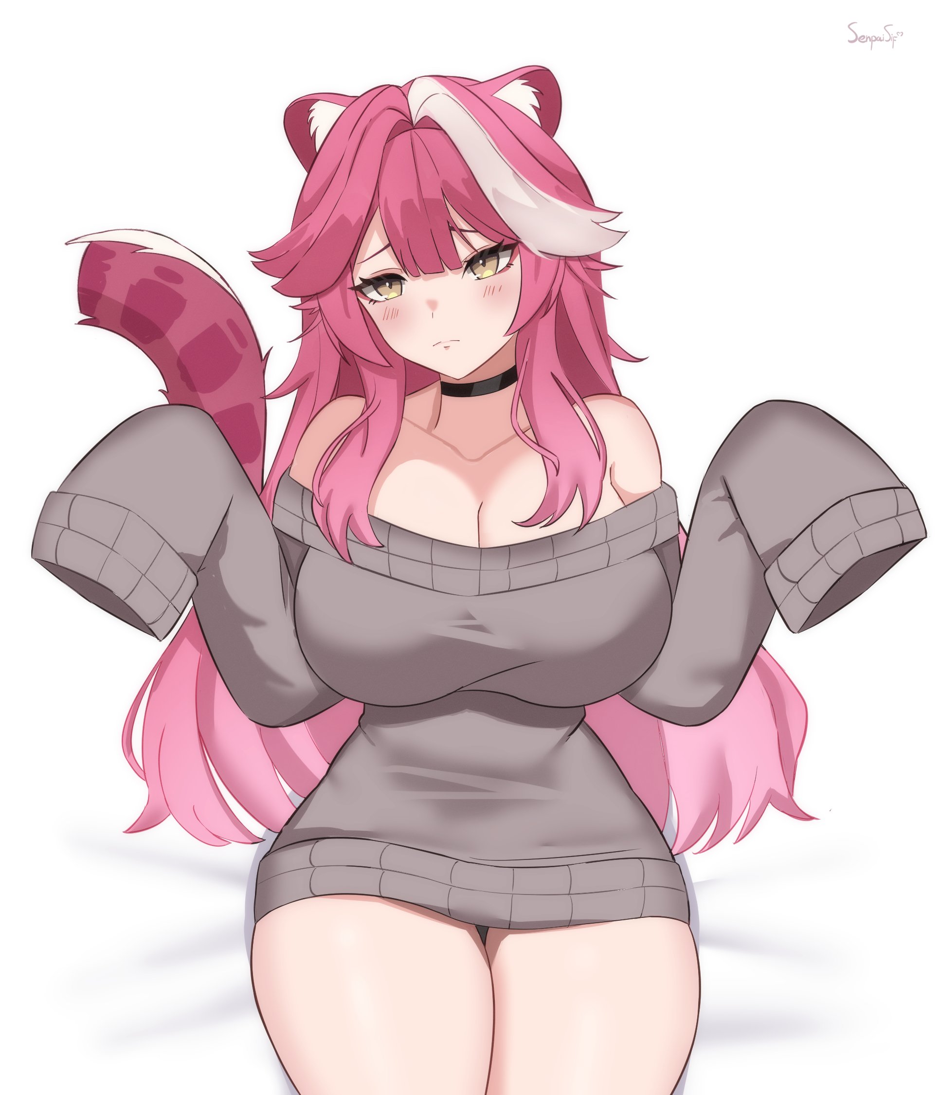 animal ears, artist name, black choker, blush, breasts, choker, cleavage, closed mouth, collarbone, commentary, english commentary, eyeshadow, female, grey sweater, hair intakes, highres, hololive, hololive english, hololive english -justice-, huge breasts, italian, long hair, long sleeves, makeup, multicolored hair, off shoulder, off-shoulder sweater, panther ears, panther girl, panther tail, pink eyeshadow, pink hair, pink tail, raora panthera, senpaisif, simple background, sleeves past fingers, sleeves past wrists, solo, streaked hair, sweater, tail, thighs, two-tone hair, virtual youtuber, white background, yellow eyes