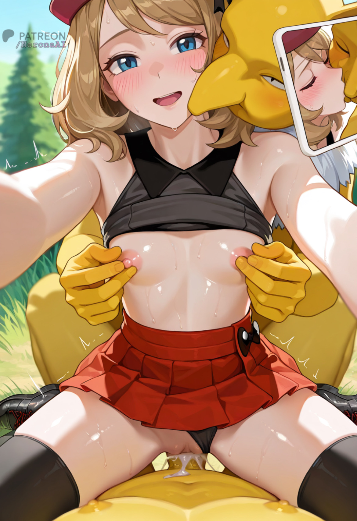 ai, ai assisted, ai generated, blush, clothing, cowgirl position, cum, cum in pussy, cum inside, female, flat chest, flat chested, french kiss, gangbang, happy, hypno, kissing, lifting shirt, looking back, male, neronaai, nipple play, nipple tweak, nipples, panties, panties aside, penis, penis in pussy, pokemon, pokemon (species), pokephilia, pussy, raped by monster, riding penis, serena (pokemon), sex, short skirt, sitting on lap, sitting on penis, skirt, smile, sweat, teenage female, teenager, thighhighs, vaginal penetration