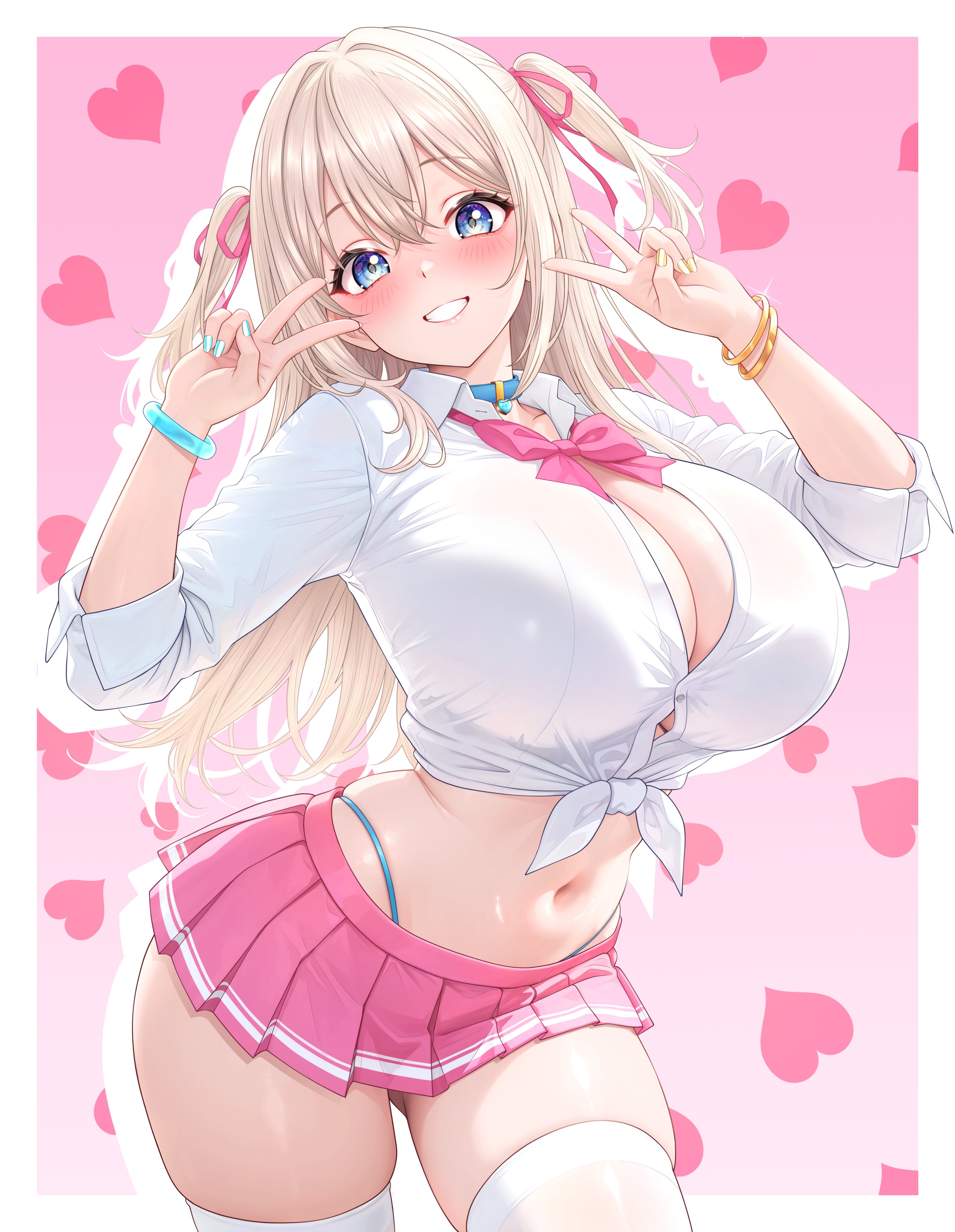1girls, absurdres, amesuku gyaru, bangle, blonde hair, blue choker, blue eyes, blue nails, blush, bow, bowtie, bracelet, breasts, button gap, choker, cleavage, collared shirt, commentary request, cowboy shot, crop top, double v, dress shirt, female, front-tie top, gluteal fold, grin, gyaru, hair ribbon, hands up, heart, highleg, highres, hourglass figure, human, human female, indie virtual youtuber, jewelry, kogal, large breasts, light-skinned female, long hair, long sleeves, looking at viewer, macoto (vtuber), midriff, miniskirt, nail polish, navel, panty straps, pink skirt, pleated skirt, ribbon, shirt, skindentation, skirt, slim waist, smile, solo, stomach, studiopokotan, thick thighs, thighhighs, thighs, two side up, v, virtual youtuber, white shirt, white thighhighs, wide hips, zettai ryouiki