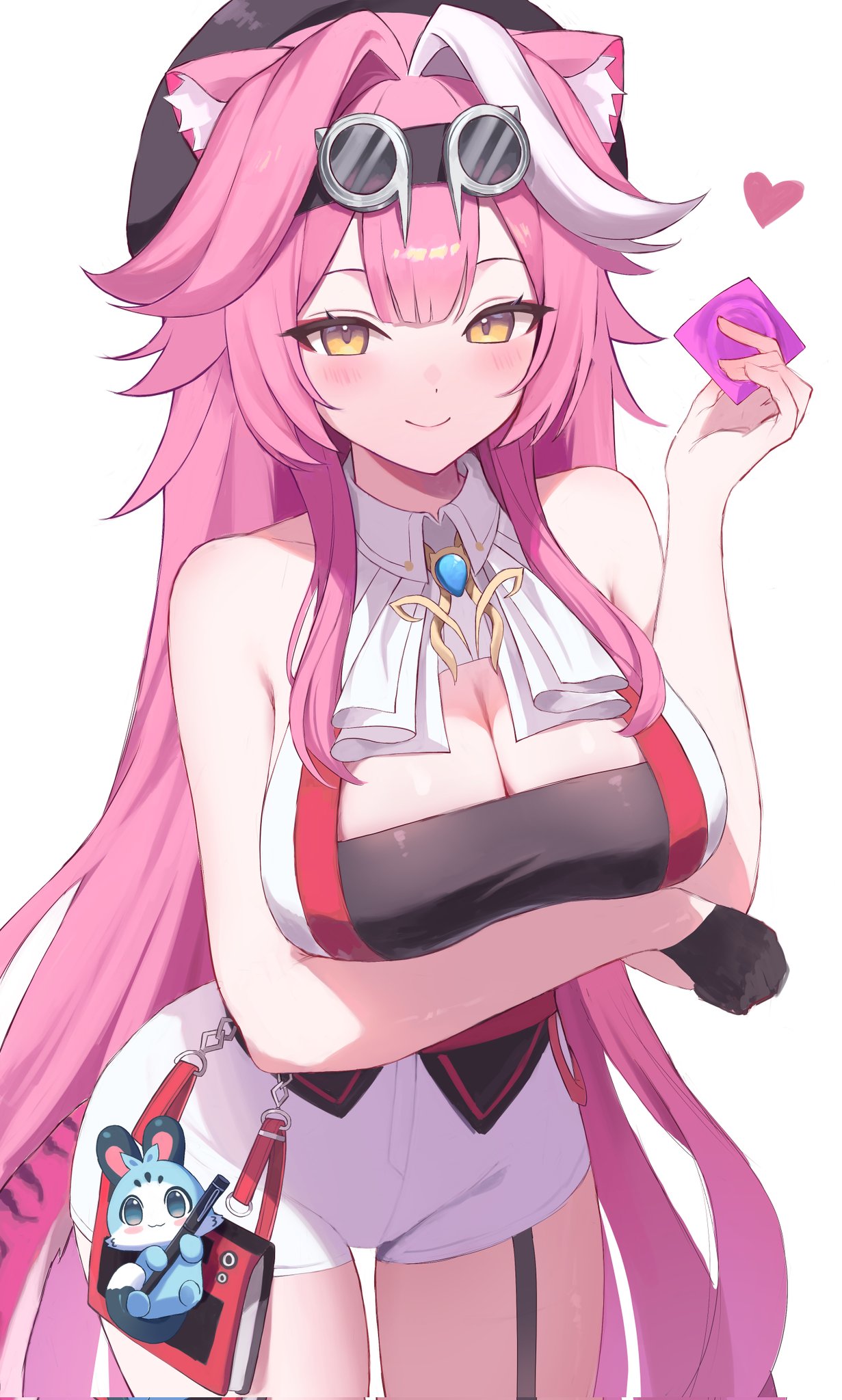animal ears, arm under breasts, ascot, bare shoulders, beret, black garter straps, black gloves, black hat, blue gemstone, blush, breasts, chattino (raora panthera), cleavage, closed mouth, collared shirt, commentary, condom, condom wrapper, eyeshadow, fan mascot (vtuber), female, garter straps, gem, gloves, goggles, goggles on head, hair intakes, hashtag-only commentary, hat, heart, high-waist shorts, highres, holding, holding condom, hololive, hololive english, hololive english -justice-, jewelry, large breasts, long hair, looking at viewer, makeup, multicolored hair, panther ears, panther girl, panther tail, pink eyeshadow, pink hair, pink tail, qweivi, raora panthera, raora panthera (1st costume), revision, shirt, shorts, simple background, single glove, sleeveless, sleeveless shirt, smile, streaked hair, tail, thighs, two-tone hair, underbust, virtual youtuber, white ascot, white background, white shirt, white shorts, yellow eyes