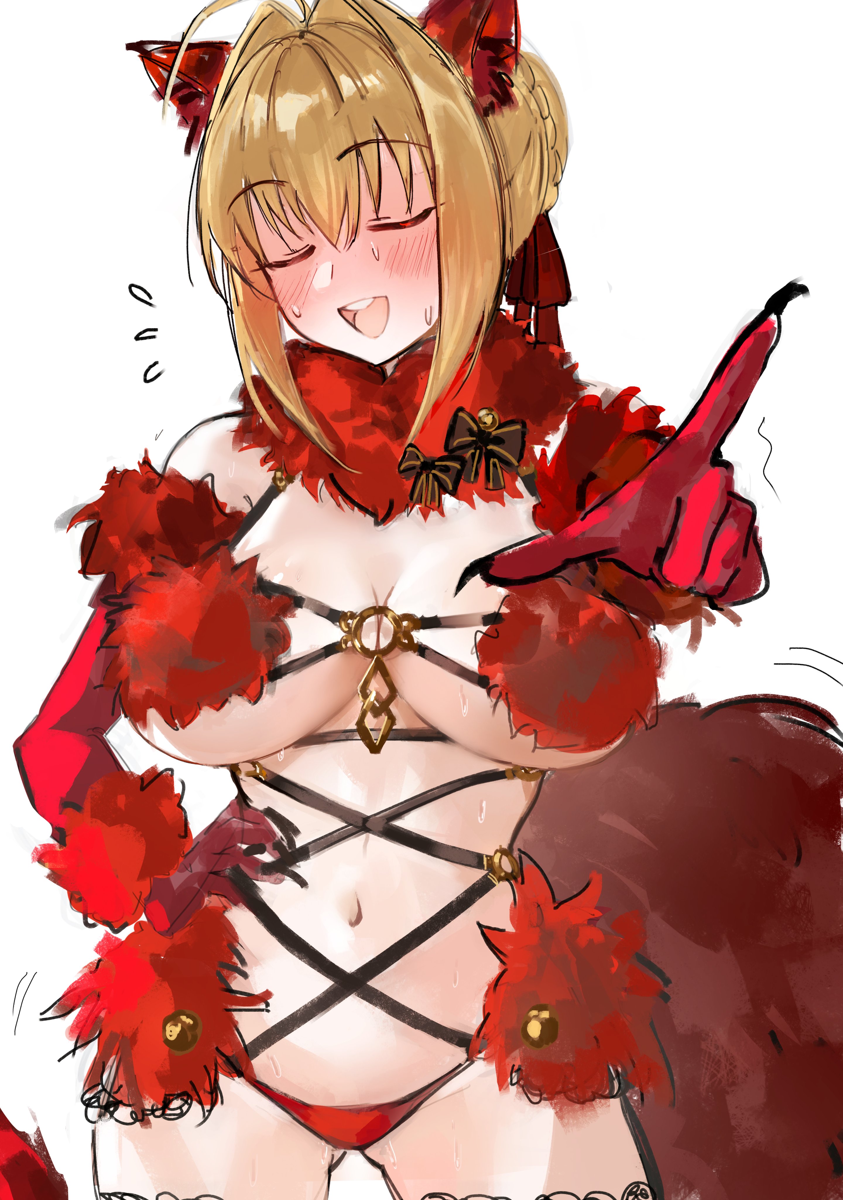 absurdres, ahoge, animal ears, bare shoulders, blonde hair, blush, breasts, cleavage, closed eyes, cosplay, fate (series), fate/grand order, female, fur collar, fur trim, fur-trimmed gloves, gloves, hair intakes, highres, lace, lace trim, lace-trimmed thighhighs, large breasts, mash kyrielight, mash kyrielight (dangerous beast), mash kyrielight (dangerous beast) (cosplay), medium hair, navel, nero claudius (fate), o-ring, open mouth, smile, solo, tail, thighhighs, wolf ears, wolf tail, yotsutsu428