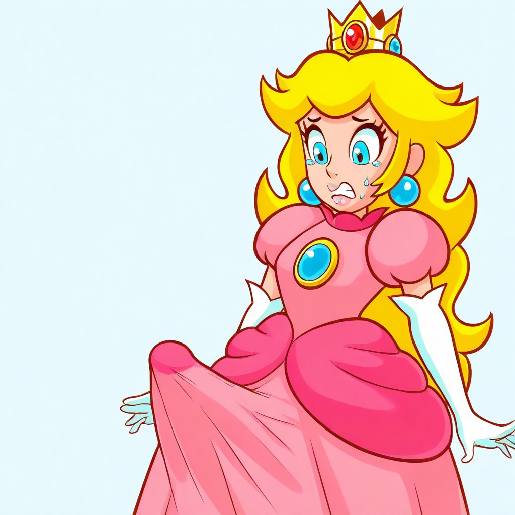 accurate art style, ai generated, blonde hair, blue eyes, clenched teeth, clothed, crown, dress, erection, erection under clothes, fully clothed, futanari, horny, intersex, looking at penis, looking down, mario (series), nintendo, penis, princess peach, super princess peach, sweat, yellow hair