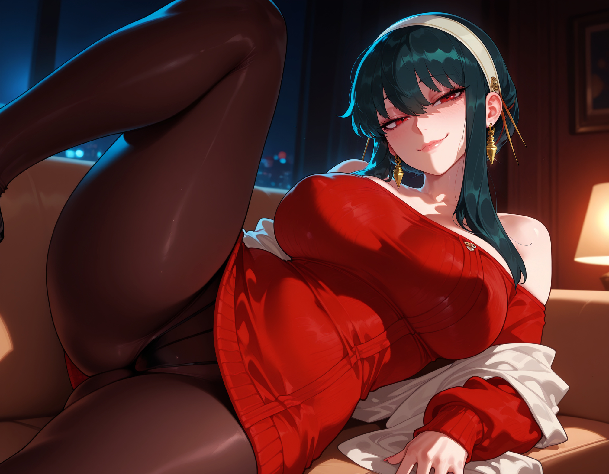 1girls, ai generated, ass, balecxi, bangs, bare shoulders, black footwear, black hair, black legwear, black panties, black pantyhose, blush, breasts, brown pantyhose, cameltoe, closed mouth, clothing, couch, covered nipples, curvaceous, curvaceous female, curvaceous figure, curvy, curvy figure, dress, earrings, female, female focus, female only, gold earrings, hair ornament, hairband, headwear, high heels, indoors, inviting, inviting to sex, jewelry, lamp, large breasts, leg up, legwear, long hair, long sleeves, looking at viewer, lying, night, off shoulder, off-shoulder dress, off-shoulder sweater, on couch, on side, panties, panties under pantyhose, pantyhose, presenting, presenting ass, presenting breasts, presenting hindquarters, presenting pussy, presenting self, red eyes, red sweater, seductive, seductive look, seductive smile, shawl, short hair with long locks, sidelocks, smile, solo, spread legs, spy x family, stable diffusion, sweater, sweater dress, thighs, underwear, voluptuous, voluptuous female, white hairband, window, yor briar, yor forger