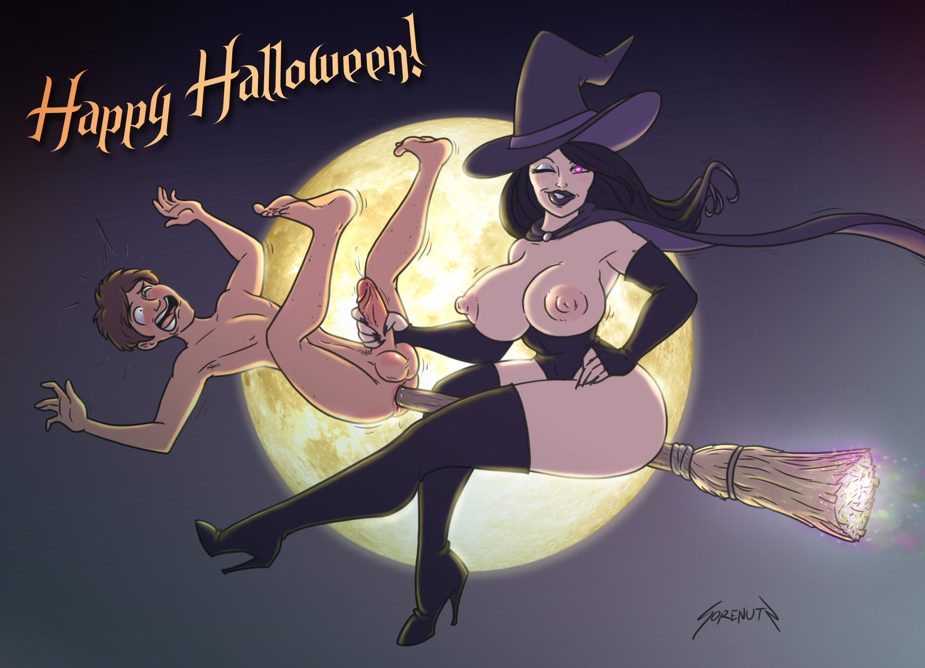 1girl1boy, 1woman, anal insertion, balls, female, female dominating male, female domination, femdom, halloween, male, male ryona, male submission, sorenutz, witch