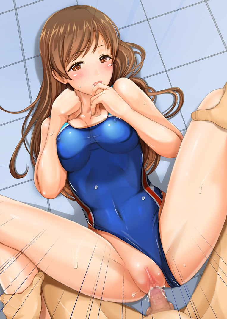 ankle_grab bare_shoulders blush breasts brown_eyes brown_hair censored cleavage competition_swimsuit covered_navel covered_nipples female highleg highleg_swimsuit human idolmaster idolmaster_cinderella_girls kasumi_seiki leg_grab long_hair looking_at_viewer lying male naughty_face nitta_minami on_back one-piece_swimsuit open_mouth penetration penis pussy sex smile solo_focus spread_legs straight sweat swimsuit swimsuit_aside vaginal_penetration