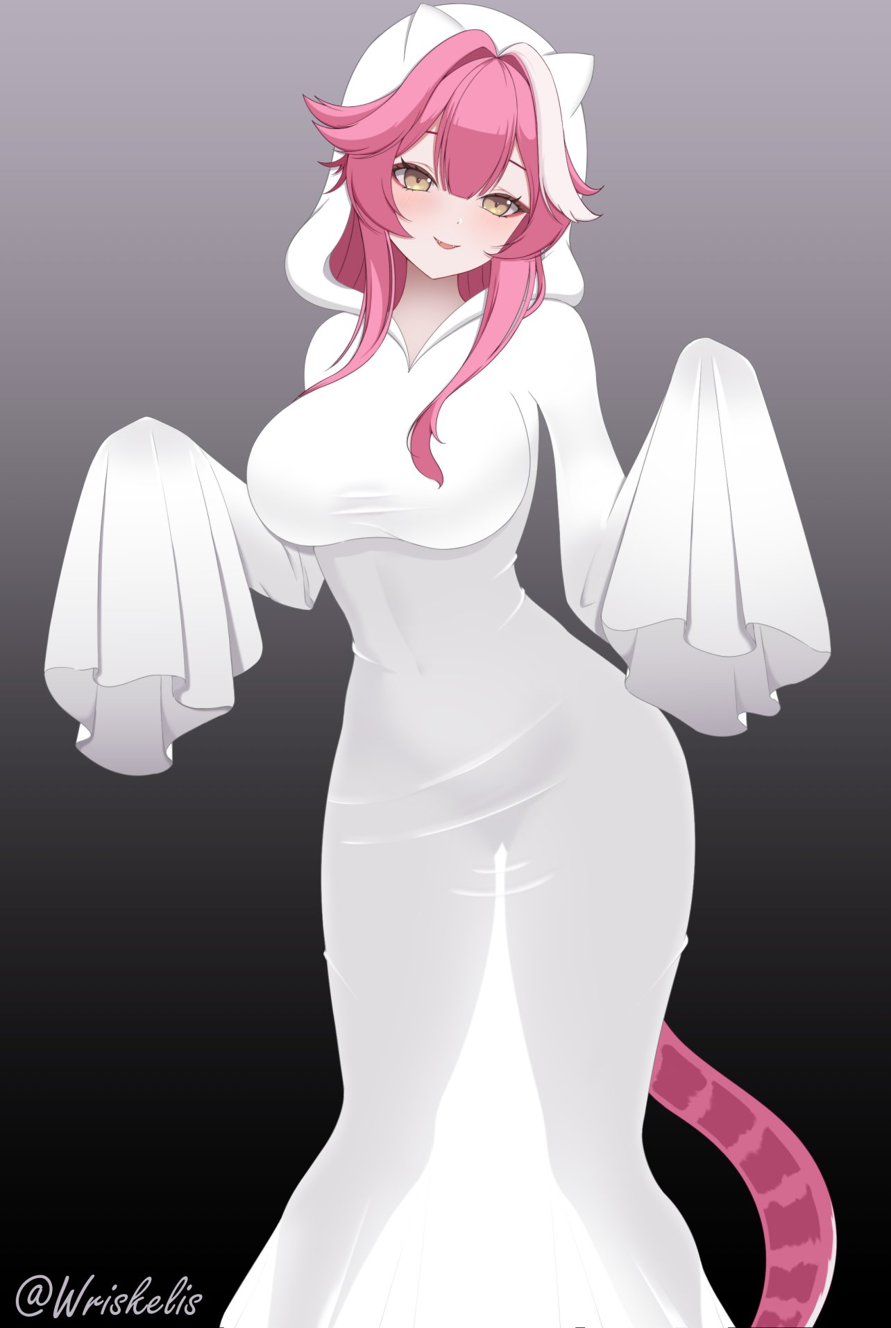 ass visible through thighs, black background, blush, breasts, commentary, covered navel, english commentary, fangs, female, ghost costume, gradient background, halloween, highres, hololive, hololive english, hololive english -justice-, hood, hoodie, italian, large breasts, long hair, long sleeves, multicolored hair, open mouth, panther girl, panther tail, pink hair, pink tail, raora panthera, see-through silhouette, sleeves past fingers, sleeves past wrists, smile, solo, streaked hair, tail, thighs, twitter username, two-tone hair, virtual youtuber, white hoodie, wriskelis, yellow eyes