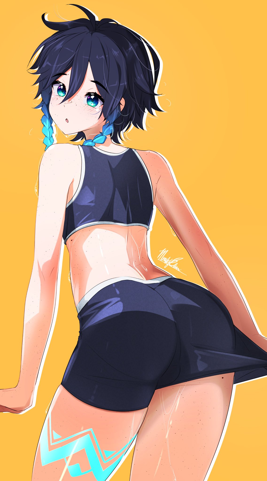 1boy, ass, back, back freckles, black hair, black shorts, blue eyes, blue hair, body freckles, braid, clothes pull, femboy, freckles, from behind, genshin impact, gradient hair, hair between eyes, hashtag-only commentary, highres, leg tattoo, looking at viewer, male, male focus, male only, marky evan, multicolored hair, open mouth, orange background, outline, short hair with long locks, shorts, shorts pull, simple background, skindentation, solo, solo male, sweat, tattoo, thigh freckles, twin braids, venti (genshin impact), white outline