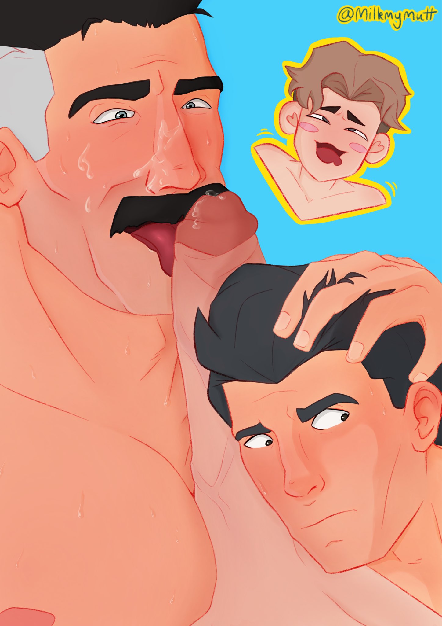 ahe gao, assisted fellatio, bara, black hair, blue eyes, blush, chibi inset, cooperative fellatio, cuck, cucked by father, cuckold, cum, cumshot, dad, daddy, dark eyes, desperate, dilf, facial, facial hair, father, father and son, gay, hand on head, happy, heart-shaped pupils, huge cock, invincible, invincible (tv series), licking, male, male only, manly, mark grayson, masculine, moustache, multicolored hair, muscular, naked, nipple, nolan grayson, nude, omni-man, oral, pecs, penis, pov, saliva, sweat, sweating, tongue, veiny penis, william clockwell, worried, worried expression, yaoi