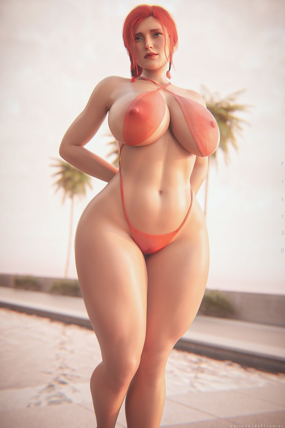 2xp studios, 3d, big breasts, breasts, cameltoe, cd projekt red, curvy female, female, female only, freckles, huge breasts, light-skinned female, looking at viewer, mascara, nipples, outdoors, pizz3d, pool, poolside, red hair, solo, solo female, swimsuit, the witcher (series), the witcher 3: wild hunt, triss merigold, voluptuous