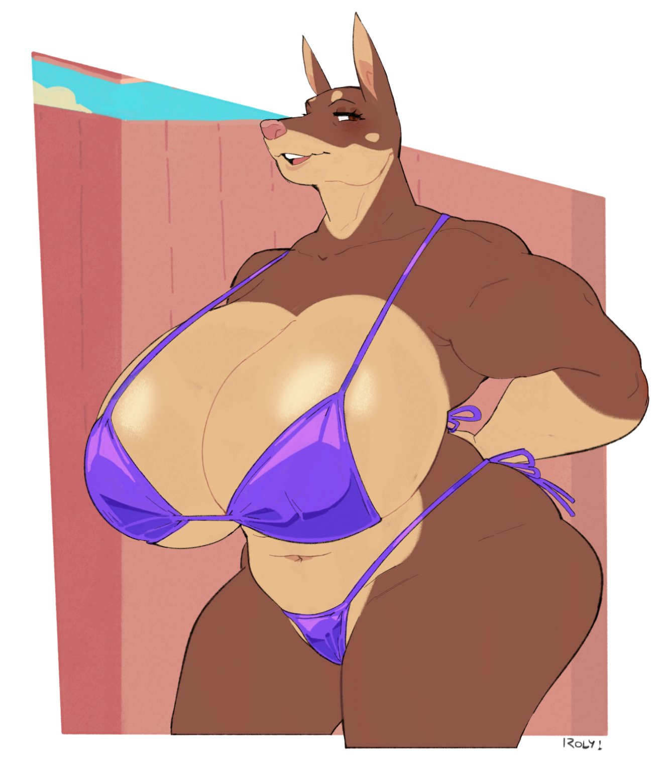 2025, anthro, big breasts, bikini, biped, breasts, brown body, canid, canine, canis, clothed, clothing, dobermann, domestic dog, eyebrows, eyelashes, female, hi res, huge breasts, looking back, mammal, mature female, multicolored body, navel, pinscher, pupils, purple bikini, purple clothing, purple swimwear, roly, slightly chubby, slightly chubby anthro, slightly chubby female, smile, solo, standing, swimwear, thick thighs, three-quarter view, tracy porter, two-piece swimsuit