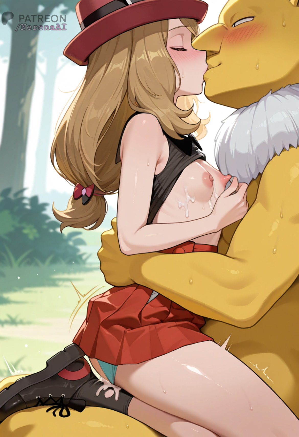 ai, ai assisted, ai generated, blush, clothing, cum, cum in pussy, cum inside, female, flat chest, flat chested, french kiss, hugging, hugging another, hypno, kissing, lifting shirt, neronaai, nipples, panties, panties aside, pokemon, pokemon (species), pokephilia, pussy, raped by monster, serena (pokemon), sex, short skirt, sitting, sitting on lap, sitting on person, skirt, smile, sweat, teenage female, teenager, thighhighs