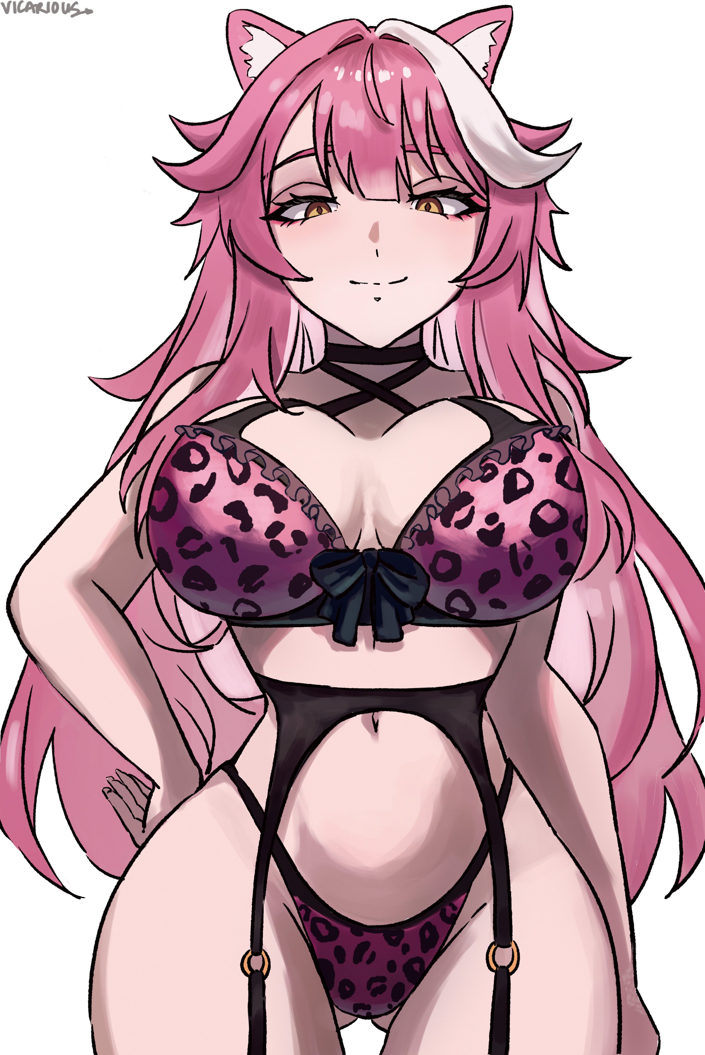 absurdres, animal ears, animal print, artist name, ass visible through thighs, black bow, black choker, black garter belt, bow, bow bra, bra, breasts, choker, closed mouth, eyeshadow, female, fingernails, frilled bra, frills, garter belt, hair intakes, highres, hololive, hololive english, hololive english -justice-, large breasts, leopard print, leopard print bra, leopard print panties, long hair, looking at viewer, looking down, makeup, multicolored hair, navel, panther ears, panther girl, panties, pink bra, pink eyeshadow, pink hair, pink panties, print bra, print panties, raora panthera, seductive smile, simple background, smile, solo, stomach, streaked hair, thighs, two-tone hair, underwear, vicarious, vicarious (vicillust), virtual youtuber, white background, yellow eyes