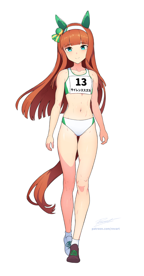 1girls, breasts, female, flat chest, flat chested, horse ears, horse girl, horse tail, long hair, looking at viewer, orange hair, revenantart, silence suzuka (umamusume), small breasts, solo, sports bra, toned, track uniform, umamusume, umamusume pretty derby, white background