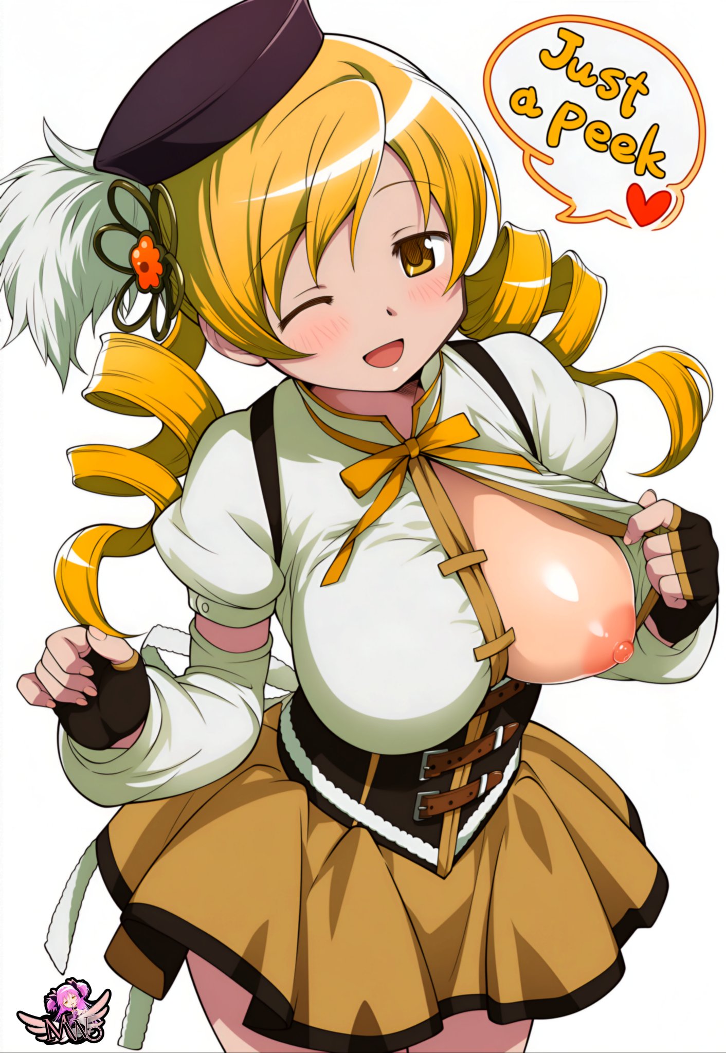 ai generated, artist logo, big breasts, breasts, breasts out, breasts out of clothes, drill hair, exposed breasts, female, hi res, looking at viewer, madoka worship, magical girl, mahou shoujo madoka magica, puella magi madoka magica, simple background, teasing, text, text bubble, tomoe mami, twin drills, twintails, wink, winking at viewer, yellow eyes, yellow hair