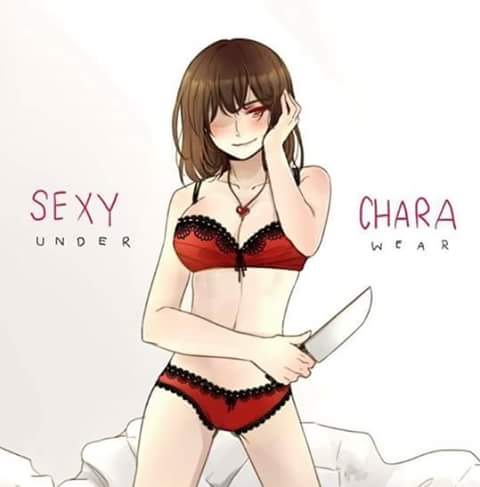 2016, artist request, bed sheet, breasts, brown hair, chara, chara (undertale), english text, female, female chara, heart locket, holding, holding knife, holding object, knife, lace, lace trim, locket, lost media, medium breasts, necklace, pov, pov eye contact, red eyes, red underwear, simple background, source request, text, undertale, undertale (series), underwear, unknown artist, white background