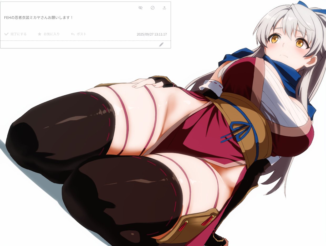 ahonoko, arm guards, breasts, chest sarashi, detached sleeves, female, fire emblem, fire emblem heroes, fire emblem: radiant dawn, from below, frown, grey hair, hair ribbon, high ponytail, japanese clothes, kneeling, large breasts, long hair, micaiah (fire emblem), micaiah (ninja) (fire emblem), ninja, nintendo, official alternate costume, official alternate hairstyle, pelvic curtain, ponytail, ribbon, sarashi, scarf, simple background, skindentation, solo, thick thighs, thighhighs, thighs, white background, wide hips, yellow eyes