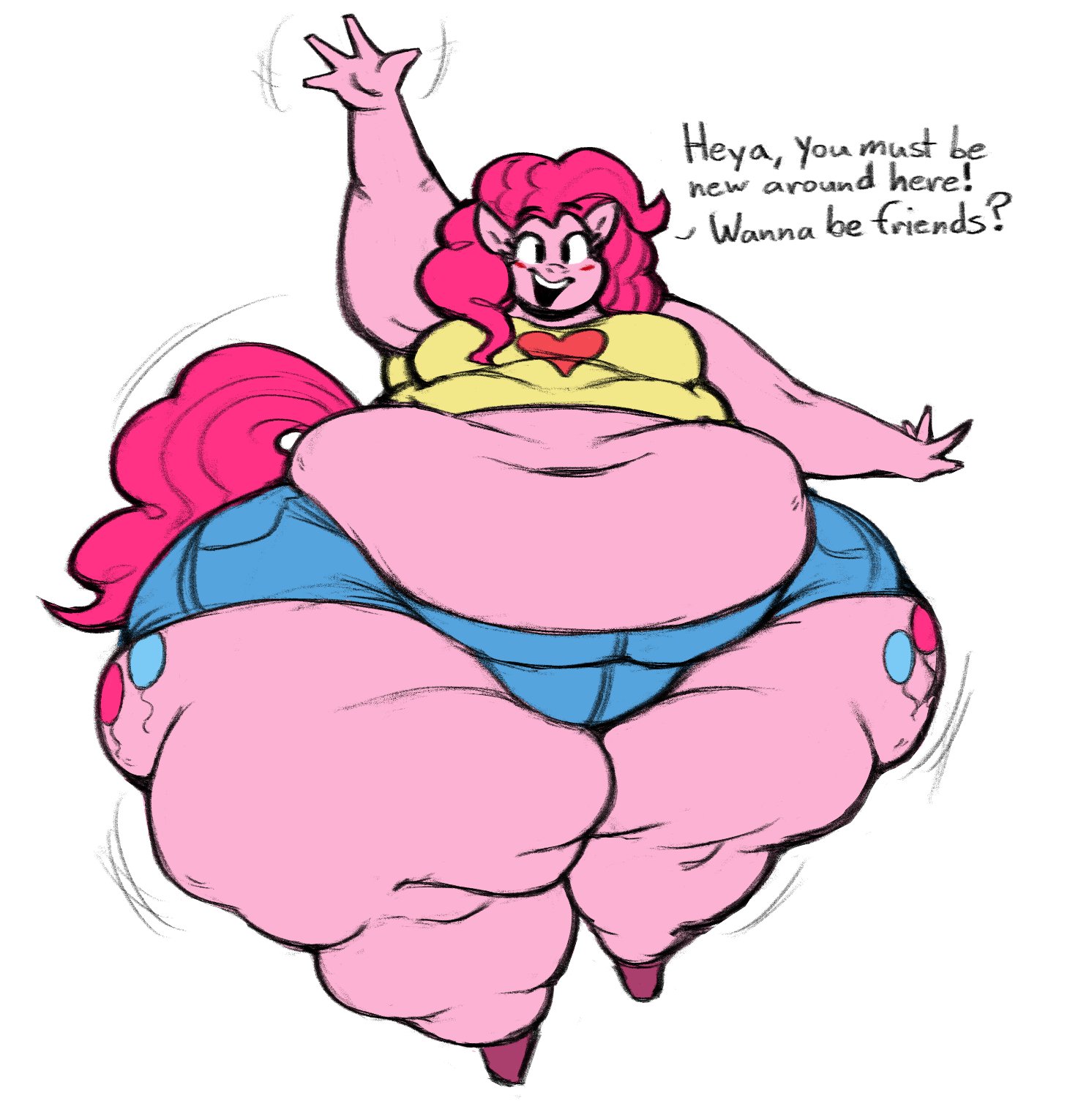 1girls, anthro, ass, belly, big ass, big belly, bottom heavy, chubby, fat, fat ass, female, female focus, female only, fully clothed, giant ass, gigantic ass, huge ass, huge belly, huge thighs, hyper, hyper ass, hyper thighs, kaboodledoodles, massive ass, massive thighs, my little pony, obese, overweight, pear shaped, pinkie pie (mlp), round ass, smile, solo, thick ass, thick thighs, waving, wide hips