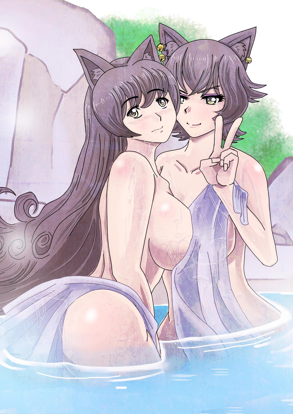 2girls, black hair, blake belladonna, cat ears, catgirl, female, golden eyes, himawar1, hot springs, kali belladonna, mother and daughter, onsen, rwby