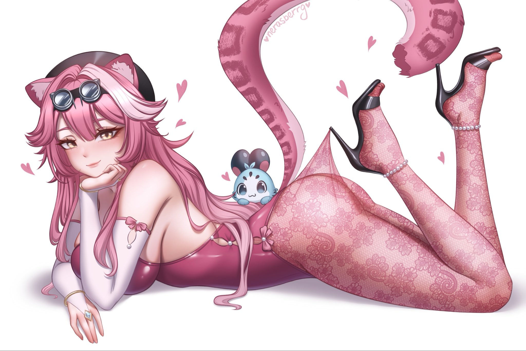 1girls, animal ears, anklet, arm bow, artist name, ass, bare shoulders, beret, black hat, black shoes, blush, bow, breasts, bridal gauntlets, chattino (raora panthera), closed mouth, clothes pull, commentary, english commentary, eyeshadow, fan mascot (vtuber), female, fingernails, floral print pantyhose, goggles, goggles on head, hair intakes, hand on own chin, hat, heart, high heels, highres, hololive, hololive english, hololive english -justice-, hooked on heel, jewelry, lace pantyhose hooked on heel (meme), large breasts, leotard, long hair, looking at viewer, lying, makeup, meme, multicolored hair, nail polish, nerasberrg, on stomach, open toe shoes, panther ears, panther girl, panther tail, pantyhose, pantyhose pull, pearl anklet, pink bow, pink eyeshadow, pink hair, pink leotard, pink lips, pink nails, pink pantyhose, pink tail, raora panthera, shoes, simple background, smile, strappy heels, streaked hair, tail, thighs, virtual youtuber, white background, white bridal gauntlets, white sleeves, yellow eyes
