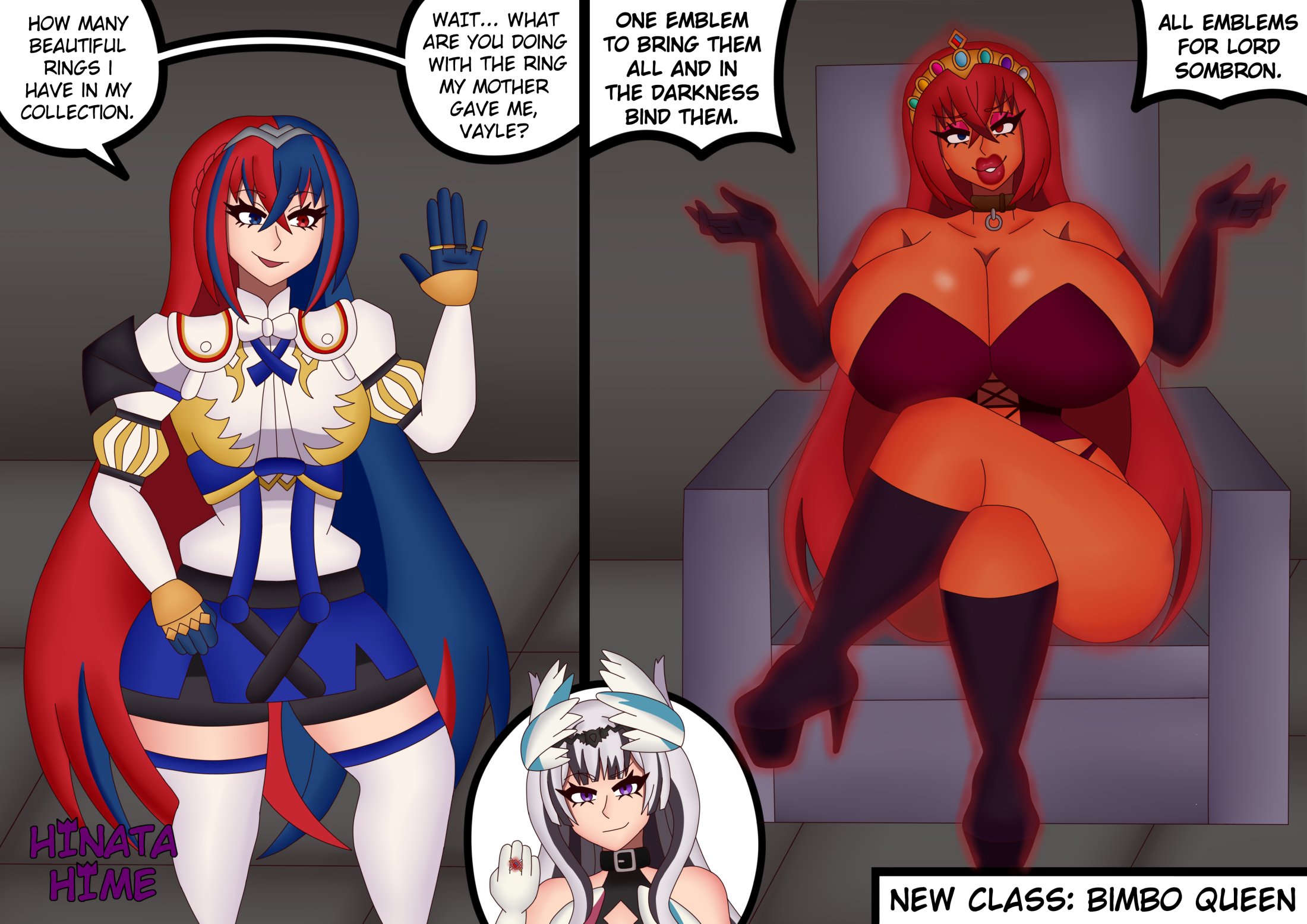2girls, after transformation, alear (fire emblem), alear (fire emblem) (female), alear (fire emblem) (female) (fell child), aura, bare shoulders, before and after, before transformation, belt, belt around neck, big lips, bimbo, bimbo body, bimbo lips, bimbofication, bimbofied, black boots, black gloves, black hair, black short shorts, black shorts, blue eye, blue gloves, blue hair, blue skirt, boots, breast expansion, breast growth, breast growth (enlargement), breasts, breasts bigger than head, cleavage, clothed, clothed female, clothing, collar, corruption, corset, english, english text, female, female only, fire emblem, fire emblem engage, full lips, gloves, hair ornament, heeled boots, heterochromia, hinata-hime, huge breasts, light skin, light-skinned female, lipstick, long black boots, long black gloves, long gloves, long hair, medium breasts, mind control, nintendo, panties, personality change, plump lips, post-transformation, pre-transformation, purple eyes, red aura, red corset, red eye, red hair, red lips, red lipstick, red skin, red skinned female, ring, ring (jewelry), ring on finger, shirt, short shorts, shorts, sitting, sitting on throne, skirt, speech bubble, stockings, text, text box, text bubble, throne, tiara, transformation, two-tone hair, veyle (fire emblem), voluptuous, voluptuous female, white gloves, white hair, white shirt, white stockings