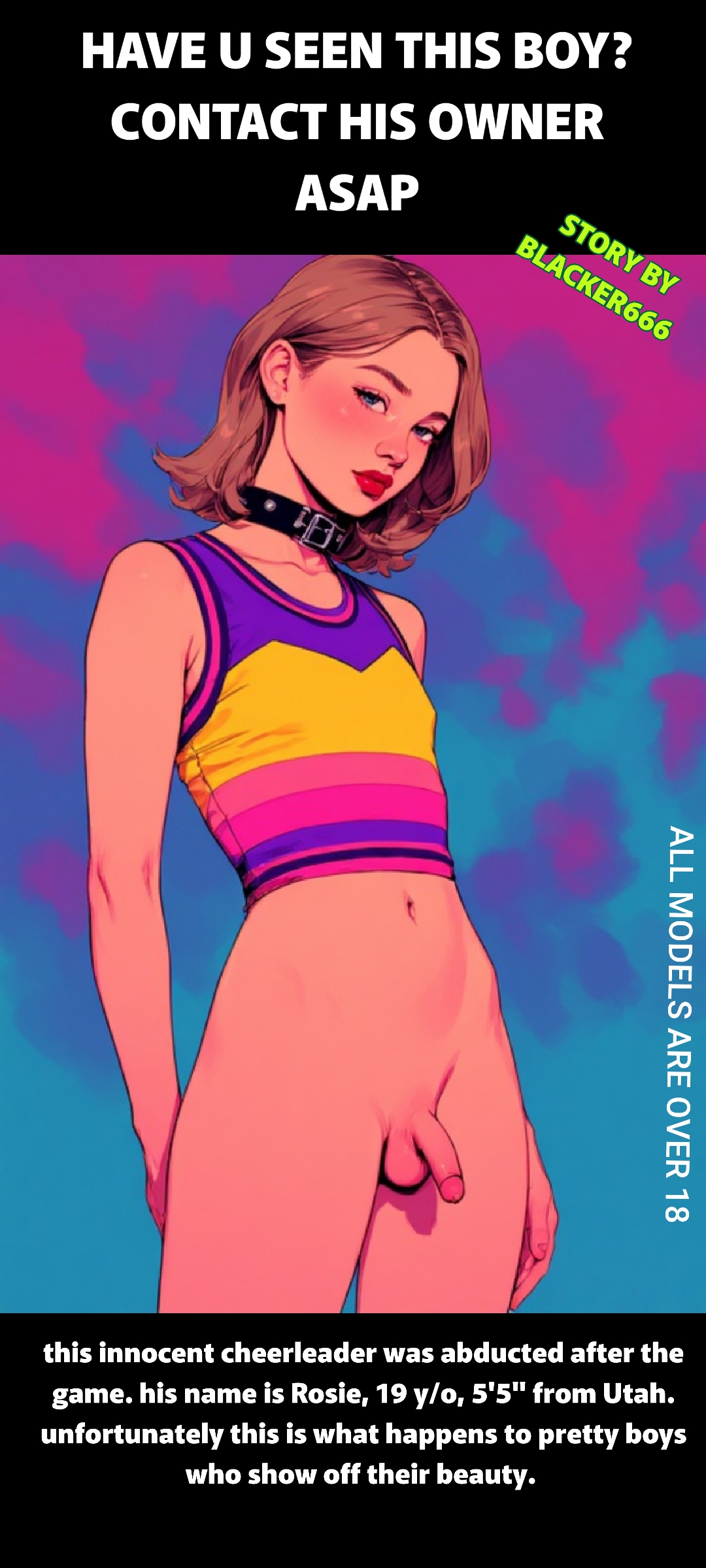 1boy, 1femboy, abducted, abduction, ai, ai art, ai generated, american, athletic, athletic male, belly button, blacker666, blue eyes, bottomless, brown hair, caption, cheerleader, cheerleader outfit, cheerleader uniform, choker, choker collar, collar, copper hair, english text, exposed, exposed belly, exposed penis, femboy, fit, fit male, flat chest, flat chested, flat chested femboy, gay, hair behind ear, illustration, leather collar, light brown hair, lipstick, looking at viewer, makeup, male, male only, medium hair, messy hair, micropenis, pale skin, pale-skinned male, penis, red lips, red lipstick, sissy, sissy caption, skinny, skinny male, small penis, soft penis, solo, story, teenage male, teenager, teenager boy, text, tiny penis, top only, topwear, trap, twink, usa, white body, white skin, yaoi