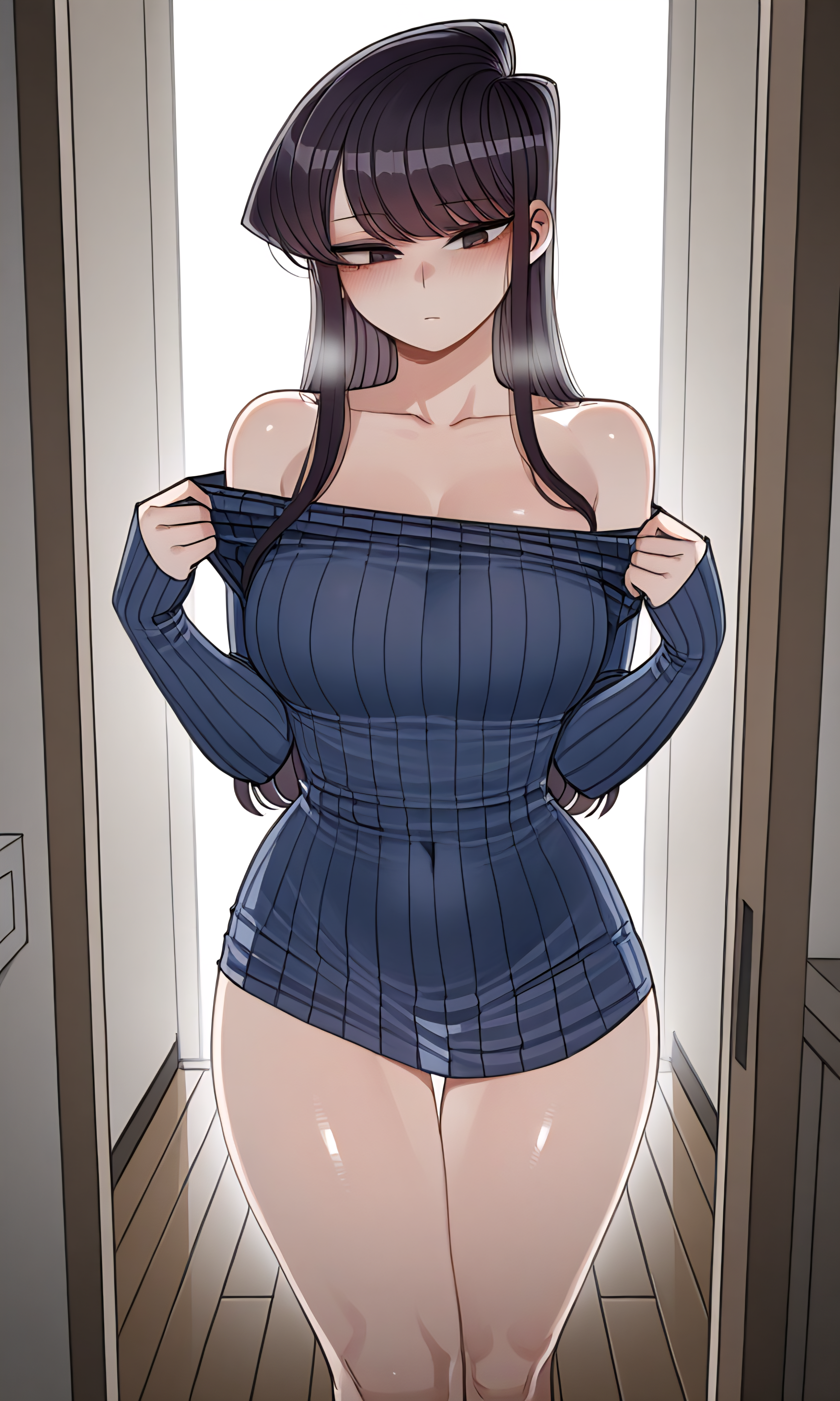 ai, ai art, ai generated, female, horny, horny female, komi can't communicate, komi shouko, komi-san wa komyushou desu, shiny skin, shoulders, sweater, sweating