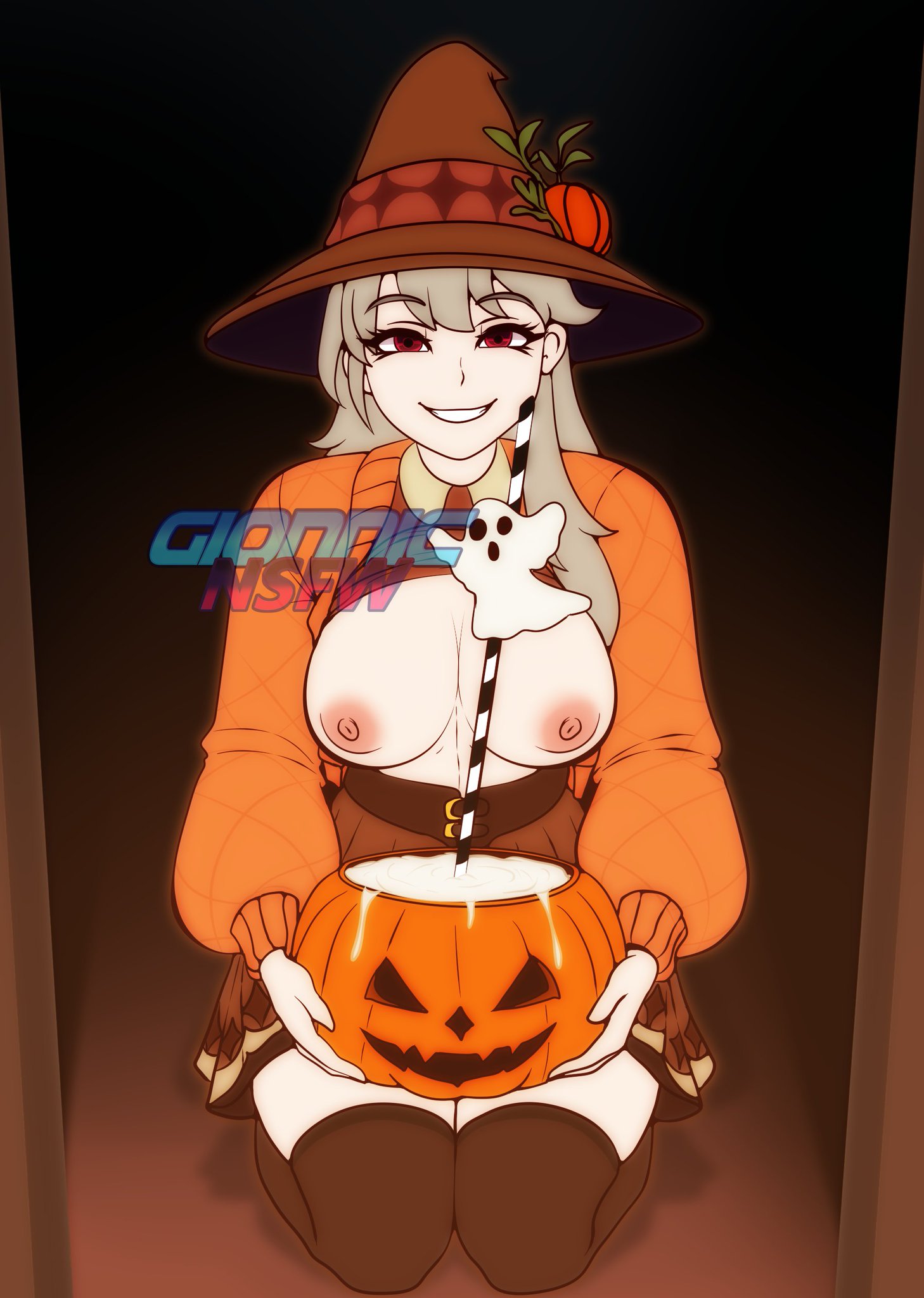 breasts, bucket of cum, cute, exposed breasts, female, fortnite, gionnic art, halloween, halloween bucket, lexa (fortnite), lexa hexbringer (fortnite), straw