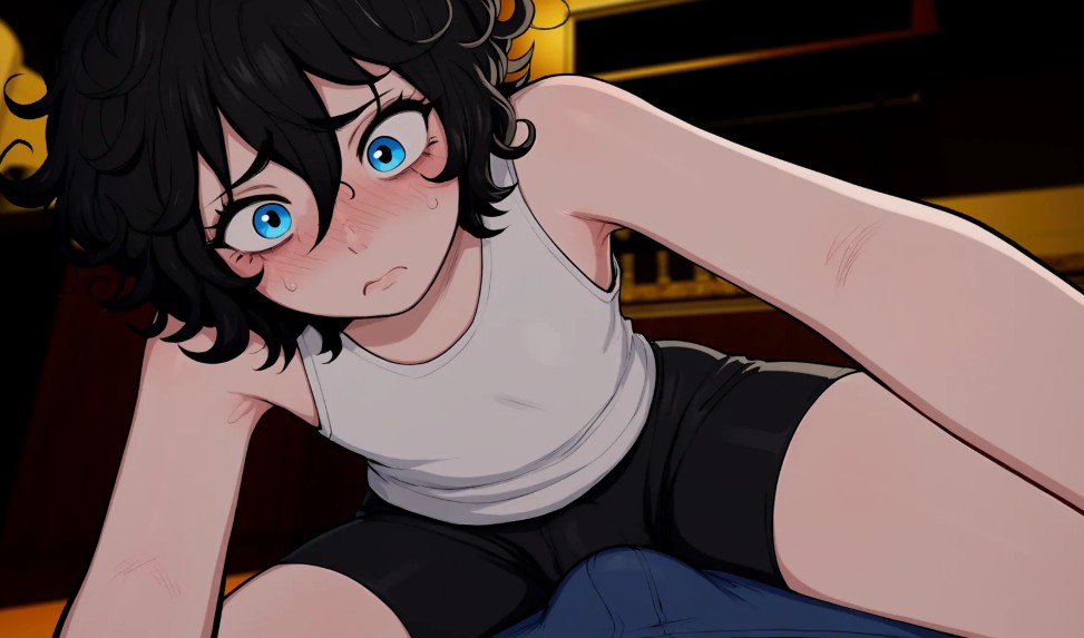 ai generated, black hair, blue eyes, bulge, bulge under clothes, femboy, fully clothed, male, my femboy roommate, nuteku, on top, robin (my femboy roommate), short hair, shorts