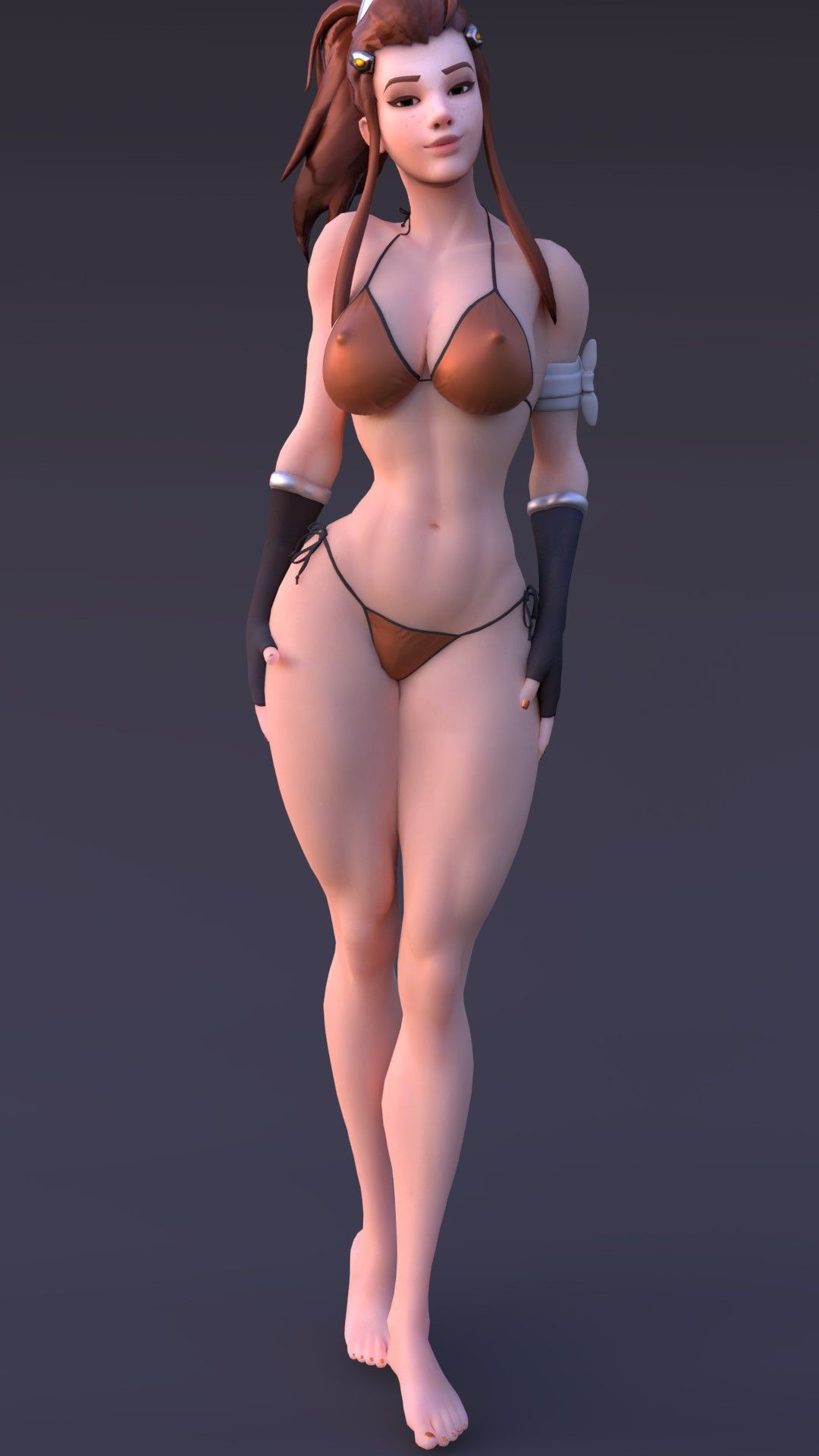 1girls, 3d, alternate costume, arhoangel, big breasts, bikini, blender, breasts, brigitte, brigitte lindholm, brown hair, female, female only, fit, fit female, freckles, highres, hips, midriff, nipples, nipples visible through clothing, oppai, overwatch, solo, wide hips