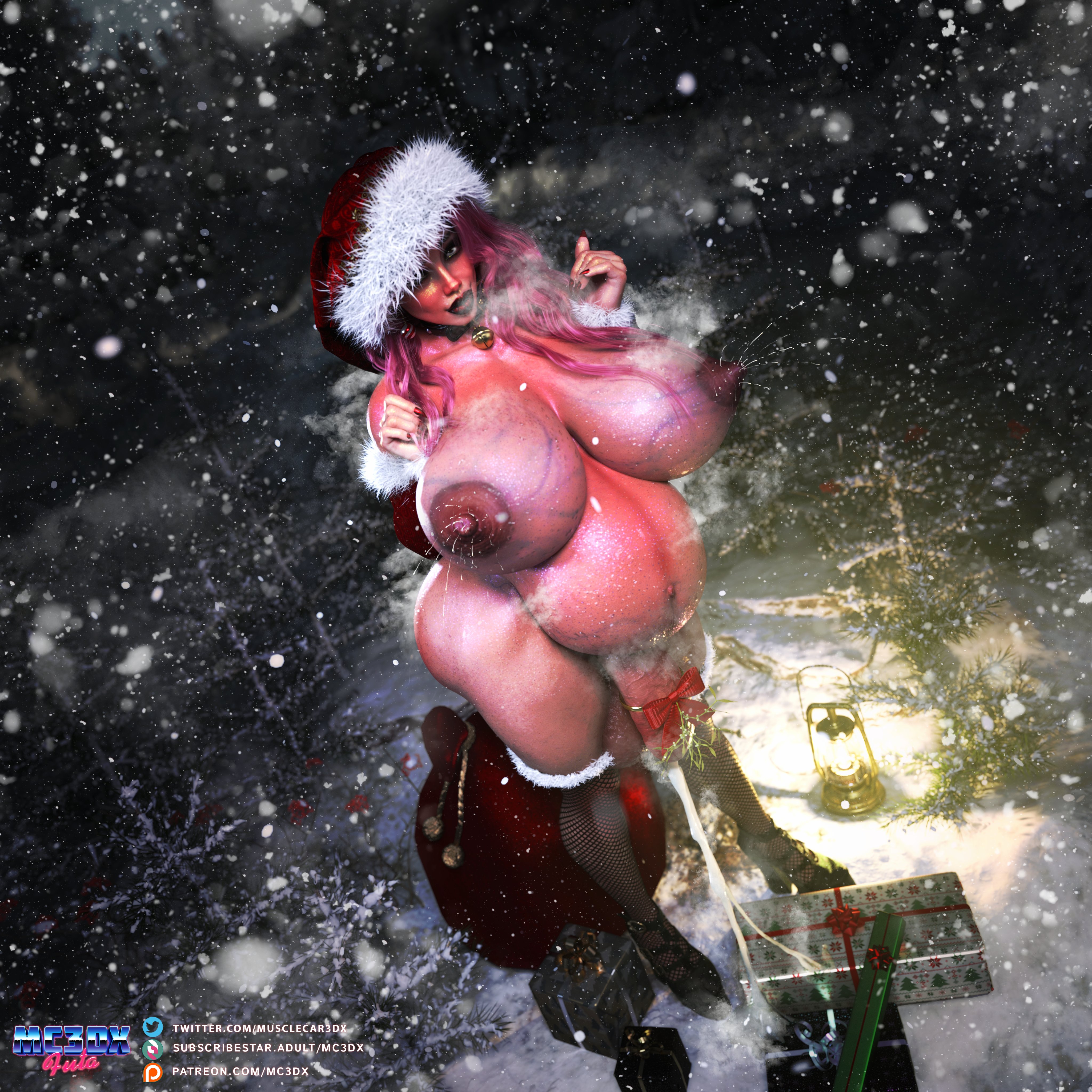1futa, 2023, 3d, alternate version at source, balls, belly, big balls, big belly, big breasts, big penis, breasts, christmas, cum, cum drip, futanari, huge breasts, intersex, lactation, lactation without expressing, linea nigra, musclecar, nipples, nude, outie navel, penis, pink hair, pregnant, pregnant futa, santa hat, solo, veiny breasts, veiny penis