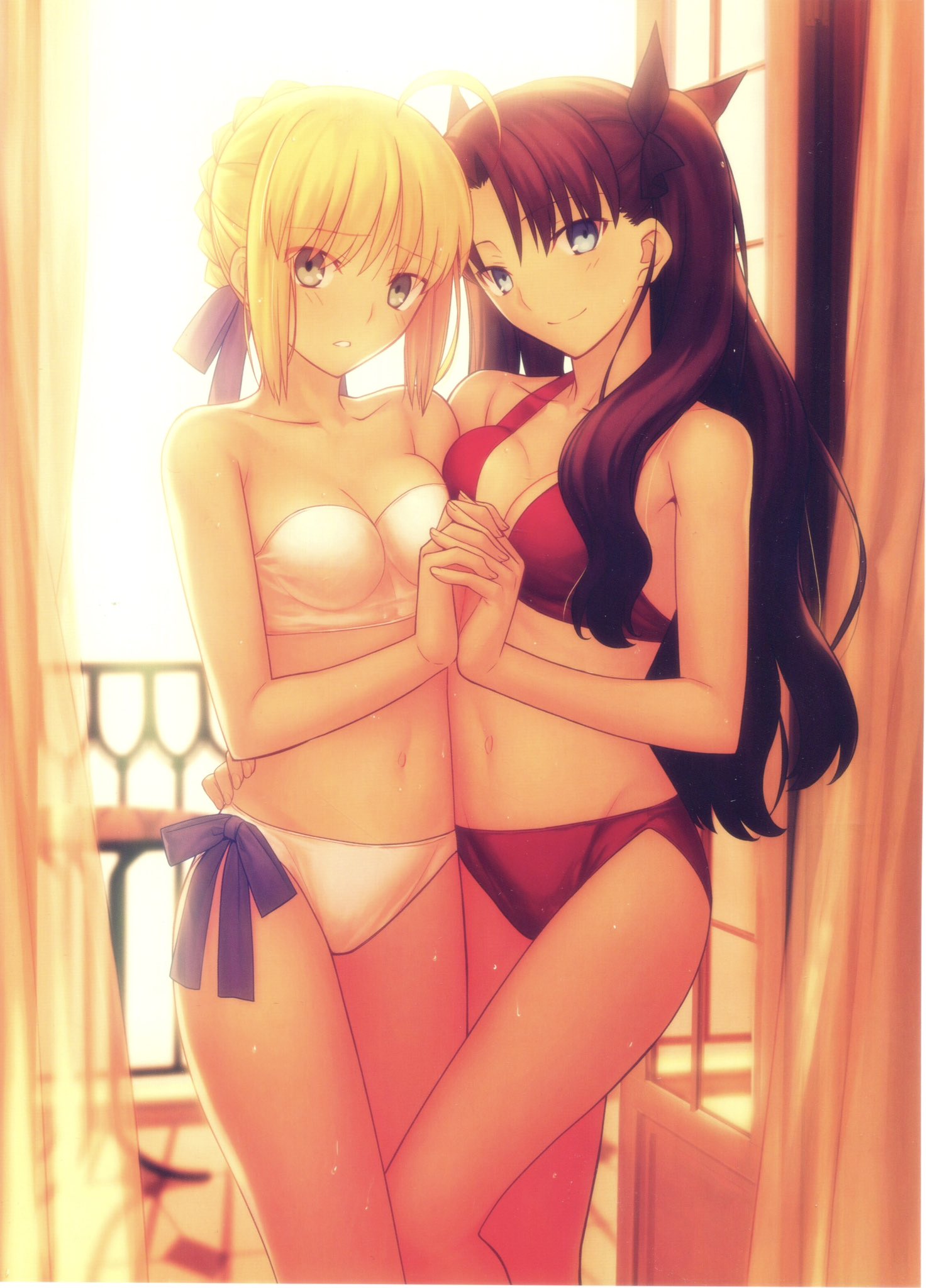 2girls, artoria pendragon, black hair, blonde hair, fate (series), fate/stay night, female, female only, female with female, female/female, looking at viewer, official art, saber, takeuchi takashi, tohsaka rin, yuri