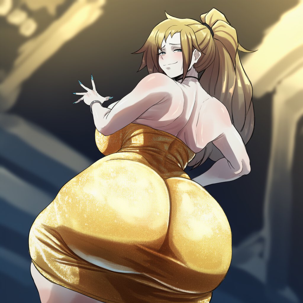1girls, ai generated, ass, ass focus, big ass, big breasts, big butt, blonde hair, blue nails, breasts, cinderhee, dress, female, female only, golden dress, huge ass, huge breasts, large breasts, library of ruina, light-skinned female, long nails, looking at viewer, looking back, looking back at viewer, olga (library of ruina), outdoors, project moon, smile, smiling, smiling at viewer, solo, solo female, tagme, tight clothes, tight clothing, tight dress