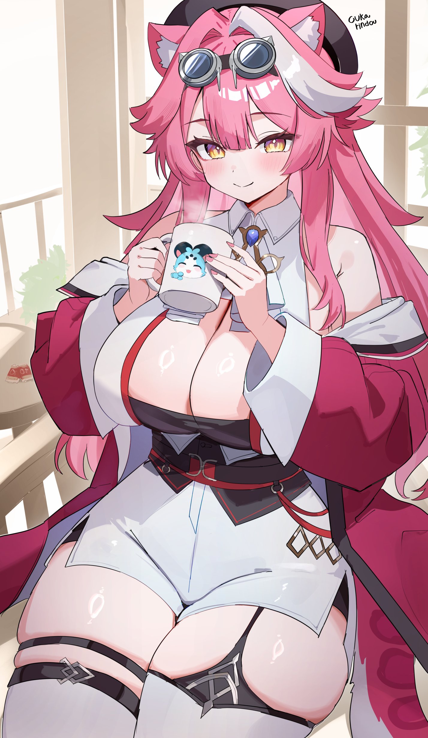 absurdres, animal ears, armpit crease, artist name, ascot, bare shoulders, beret, black hat, blush, breasts, chattino (raora panthera), cleavage, clip studio paint (medium), closed mouth, coat, collared shirt, commentary, cup, english commentary, fan mascot (vtuber), female, fingernails, garter straps, goggles, goggles on head, hair intakes, hat, highres, holding, holding cup, hololive, hololive english, hololive english -justice-, huge breasts, indoors, jewelry, long hair, long sleeves, looking at viewer, mug, multicolored hair, nail polish, o-rindou5100, panther ears, panther girl, panther tail, pink coat, pink hair, pink nails, pink tail, raora panthera, raora panthera (1st costume), shirt, shorts, side slit, side slit shorts, single garter strap, smile, solo, streaked hair, tail, thick thighs, thighhighs, thighs, two-tone hair, virtual youtuber, white ascot, white shirt, white shorts, white thighhighs, yellow eyes