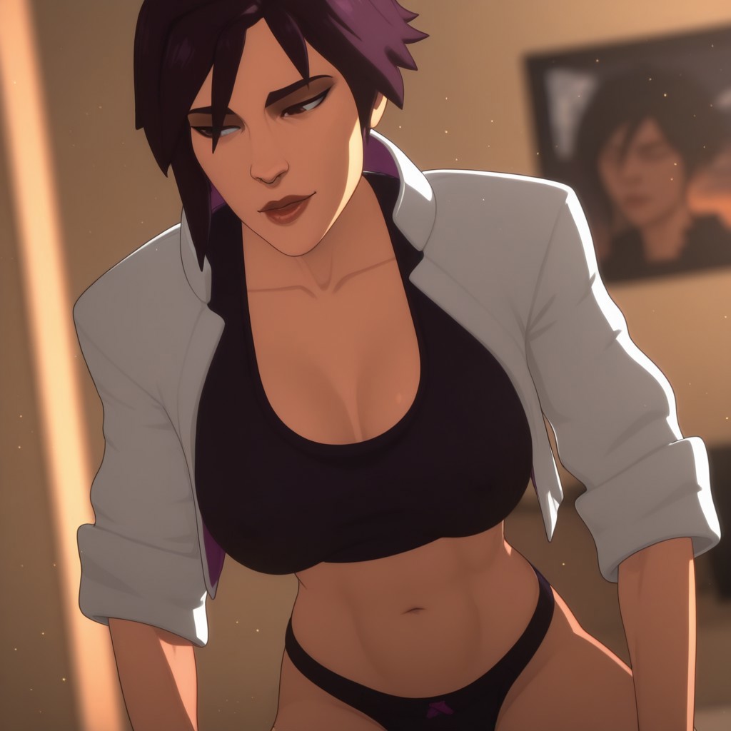 ai generated, dark hair, dispatch (game), doctor payne, female, female focus, invisigal, sexy, solo, solo focus, sortaplaymates, thong
