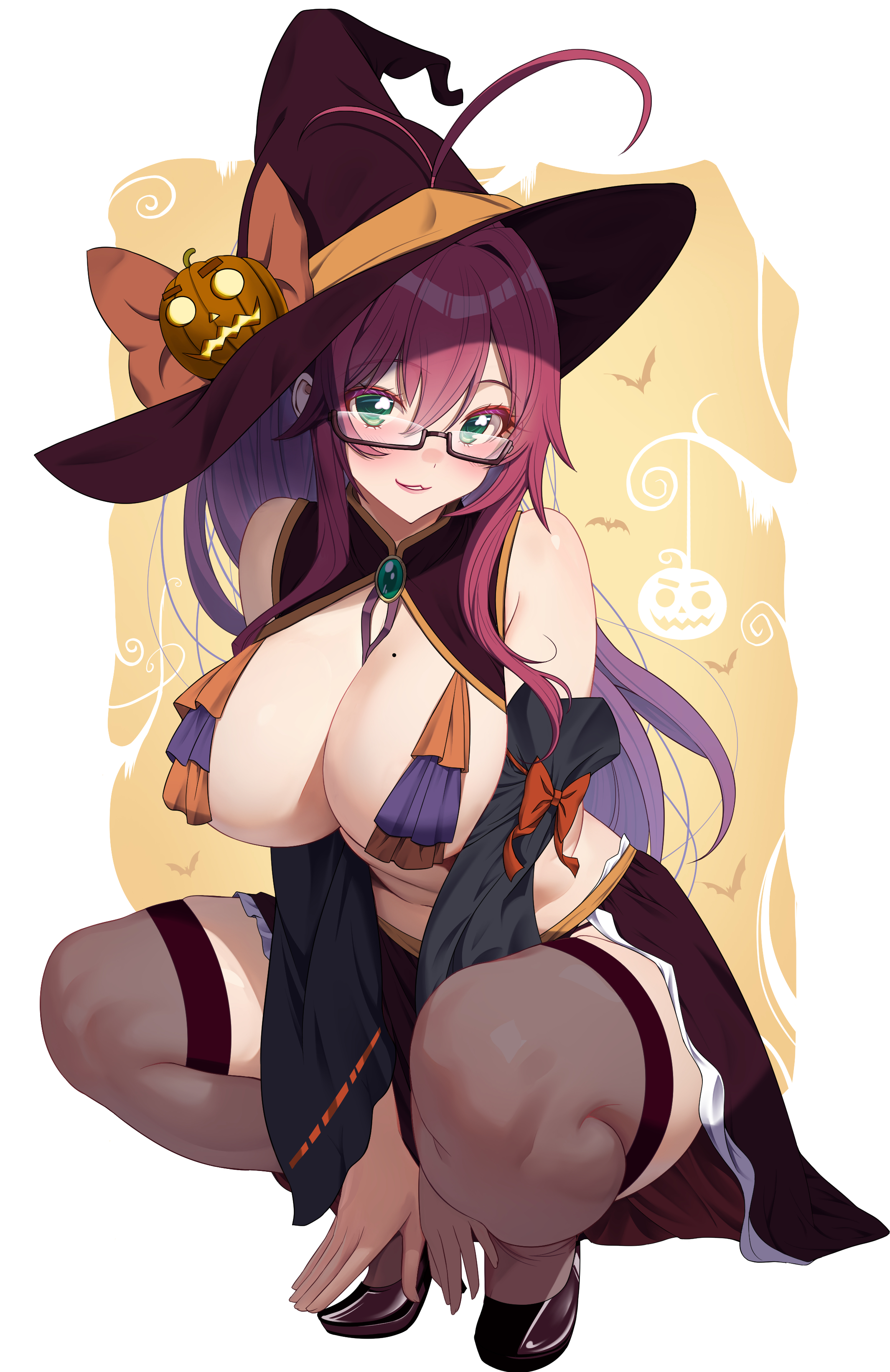 absurdres, ahoge, akihiro0920, black dress, black thighhighs, blush, bow, breasts, cleavage, commentary request, detached sleeves, dress, female, glasses, green eyes, halloween, halloween costume, hat, hat bow, highres, jack-o'-lantern, kimi no koto ga dai dai dai dai daisuki na 100-nin no kanojo, large breasts, long hair, looking at viewer, mole, mole on breast, orange bow, red hair, semi-rimless eyewear, sidelocks, smile, solo, squatting, thighhighs, under-rim eyewear, white background, witch hat, yakuzen kusuri, yakuzen kusuri (older)