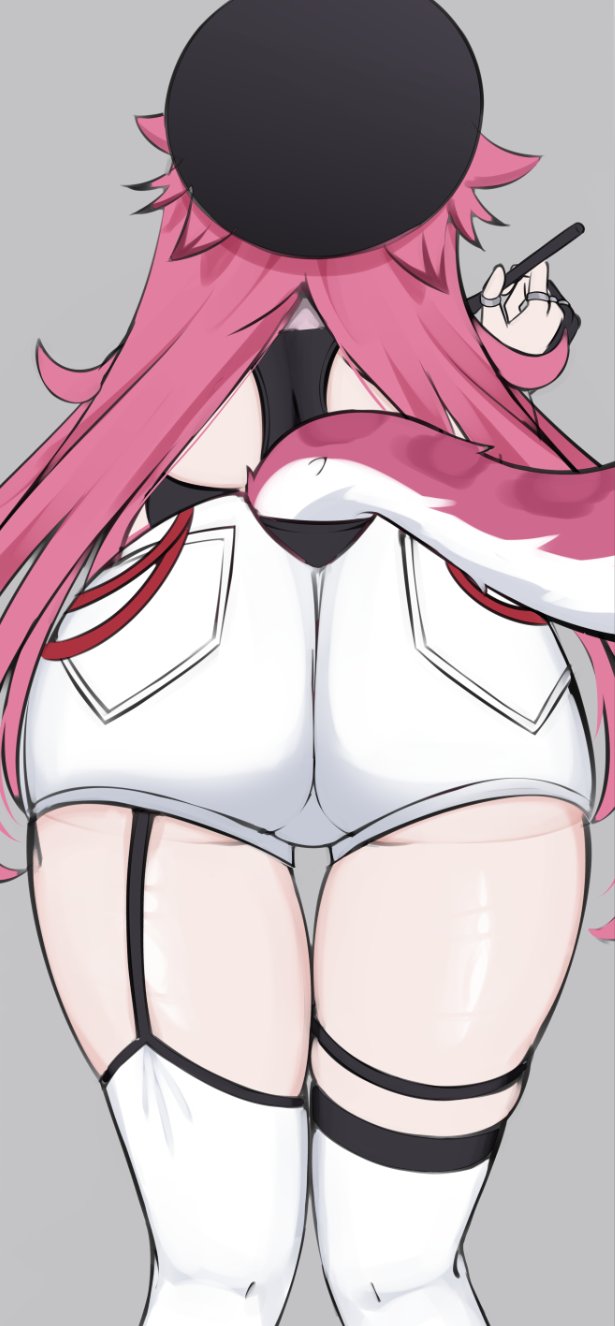 animal ears, ass, ass focus, beret, black hat, female, from behind, grey background, hat, highres, holding, holding stylus, hololive, hololive english, hololive english -justice-, italian, leaning forward, long hair, nobarts, panther ears, panther girl, panther tail, pink hair, pink tail, raora panthera, raora panthera (1st costume), shorts, simple background, solo, stylus, tail, thighhighs, virtual youtuber, white shorts, white thighhighs