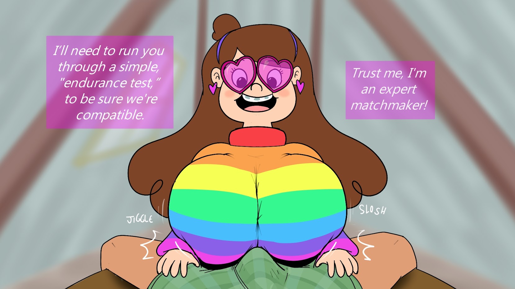 1boy, 1girls, assertive female, boxers (clothing), braces, breasts, breasts bigger than head, breasts on penis, bulge, busty, clothed, earrings, english text, erection under clothes, female, female focus, godalmite, gravity falls, heart earrings, heart shaped sunglasses, huge breasts, human, humongous breasts, imminent paizuri, mabel pines, male, male pov, massive breasts, milkers, penis, rainbow clothing, rainbow sweater, small but busty, small but hyper, smile, speech bubble, sunglasses, sweater, talking to viewer, teasing, tinted eyewear, turtleneck, turtleneck sweater