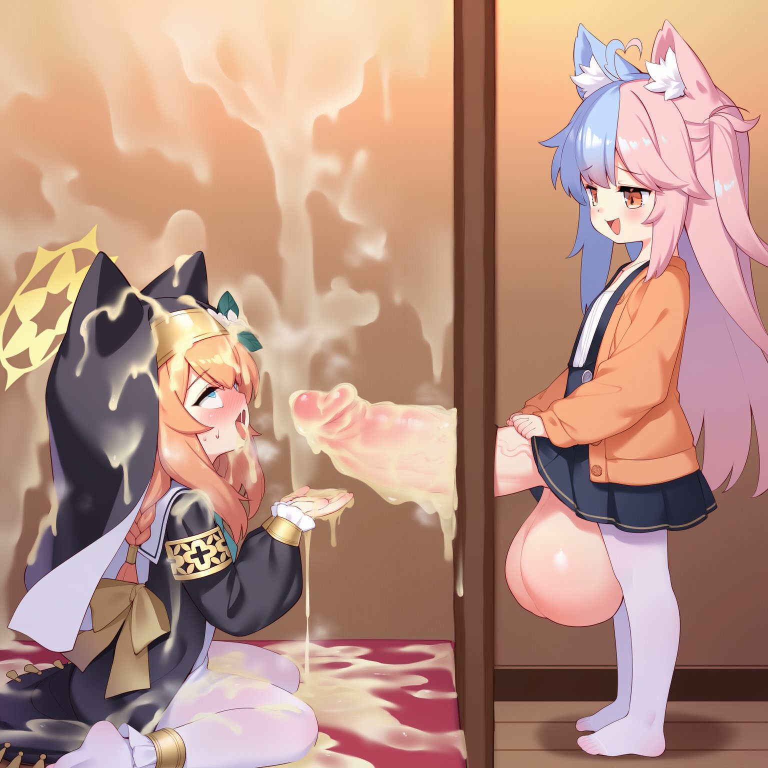 ahegao, ai assisted, ai generated, cat ears, confession booth, excessive cum, futanari, glory hole, hanmu0w0, intersex, massive penis, nun outfit, penis