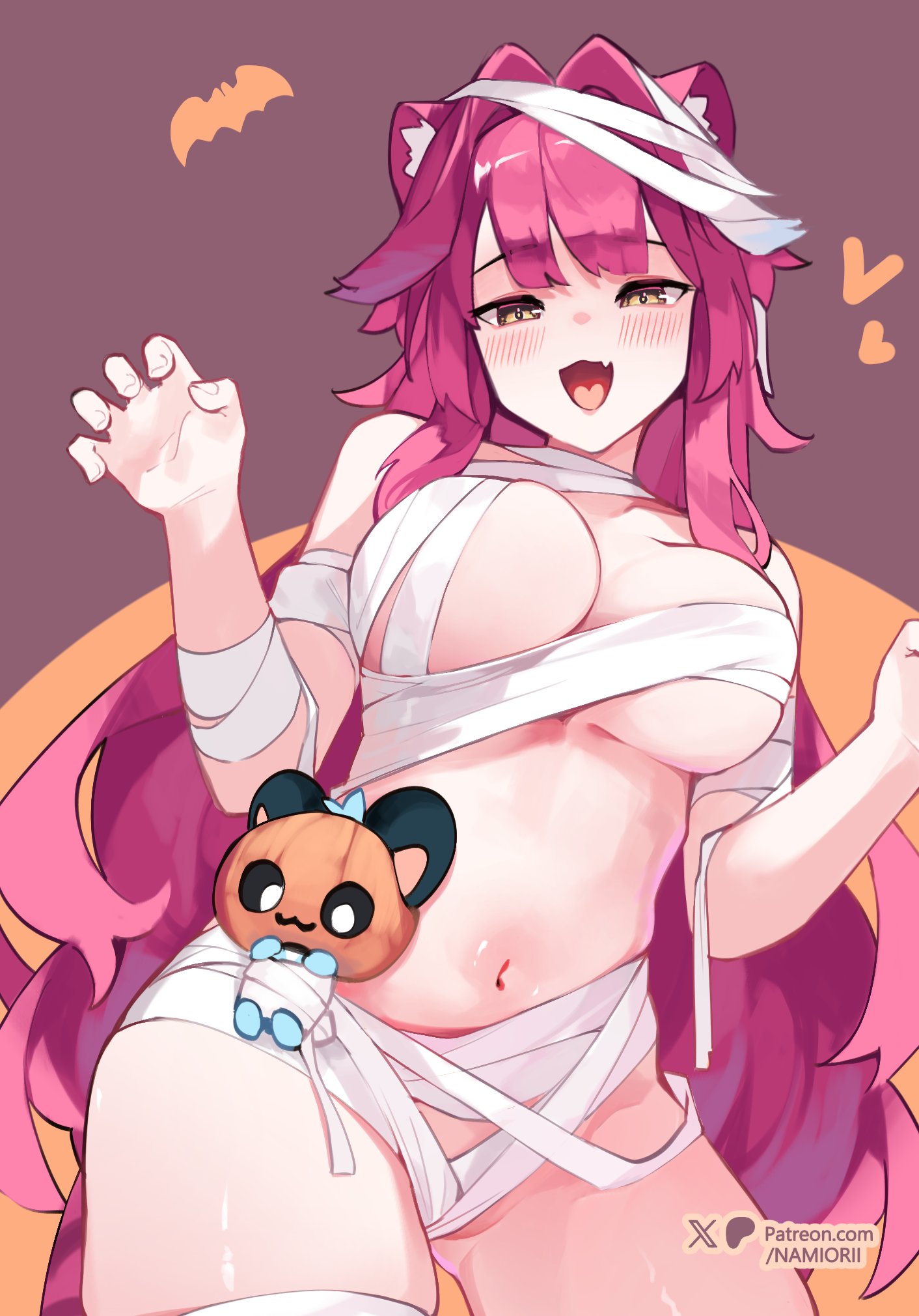animal ears, artist name, bandaged arm, bandaged chest, bandaged head, bandages, blush, breasts, brown background, chattino (raora panthera), claw pose, commentary, cute fang, english commentary, fan mascot (vtuber), fangs, female, fingernails, hair intakes, halloween, highres, hololive, hololive english, hololive english -justice-, large breasts, long hair, looking at viewer, mummy costume, naked bandage, namiorii, navel, open mouth, orange background, panther ears, panther girl, patreon username, pink hair, raora panthera, skin fang, smile, stomach, thighs, virtual youtuber, yellow eyes
