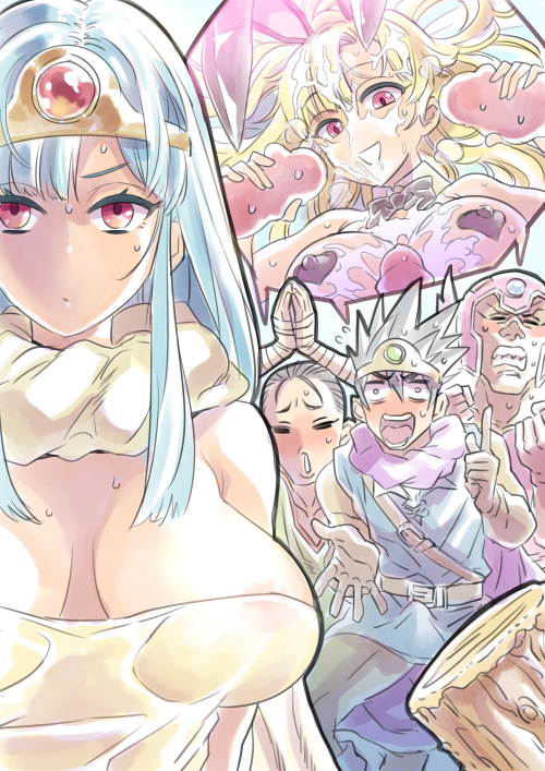 2girls 3boys animal_ears begging blonde_hair blue_hair bowtie breasts bunny_ears cape circlet clothing cum cum_on_body cum_on_breasts cum_on_hair cum_on_upper_body detached_collar double_handjob dragon_quest dragon_quest_iii dress erection erection_under_clothes facial fighter_(dq3) grin hair handjob headgear heart_pasties helmet hero_(dq3) jester_(dq3) large_breasts long_hair mimonel multiple_boys multiple_girls nipple_pasties pasties penis red_eyes roto sage_(dq3) smile soldier_(dq3)