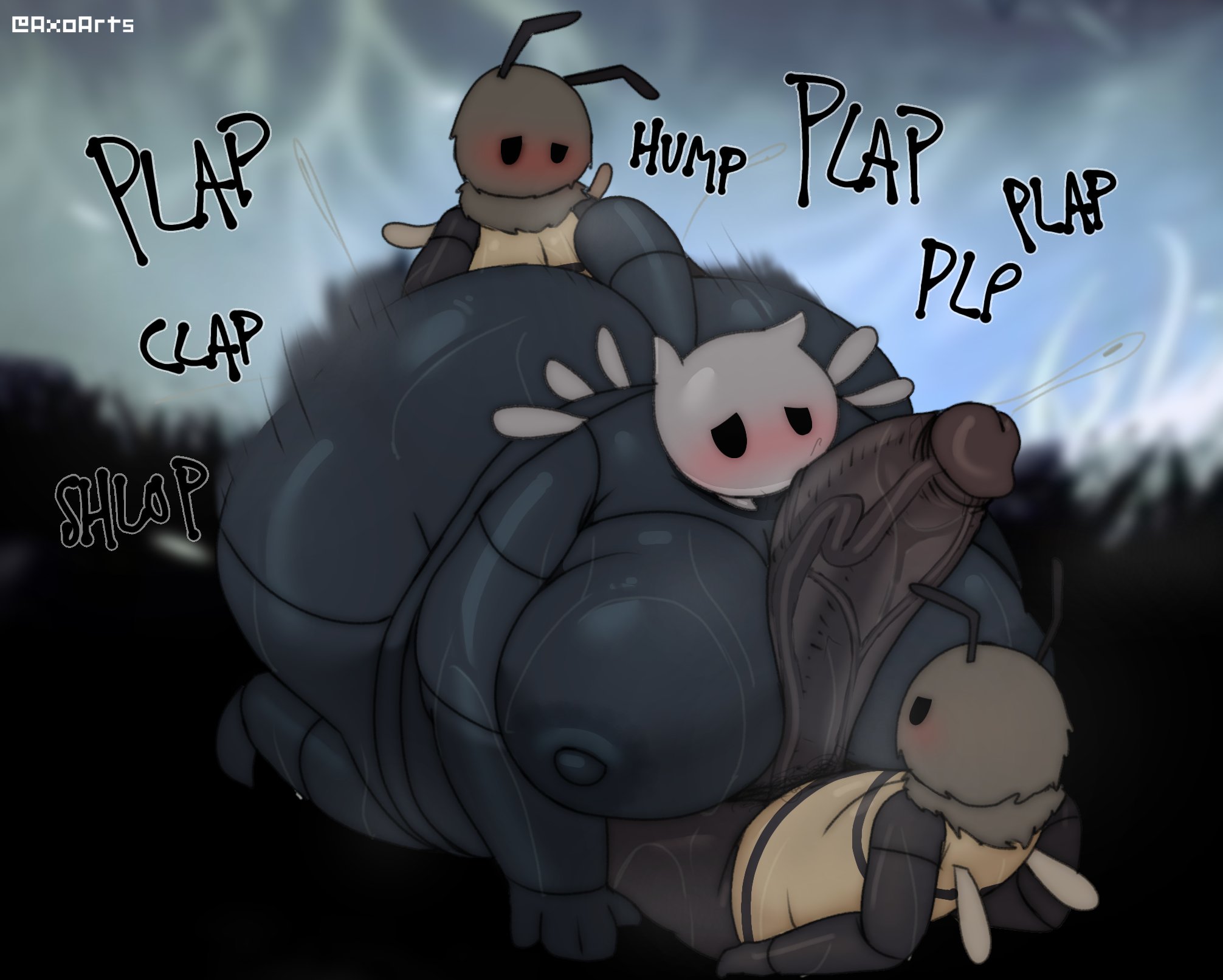 1futa, 2boys, axoarts, bee, boofly (hollow knight), breasts, fat, fat futa, femboy, futa is smaller, futanari, gigantic penis, hollow knight, huge breasts, huge cock, hung femboy, hung trap, intersex, male, nude, overweight, paizuri, penis, penis size difference, sex, size difference, small but hung, spitroast, standing