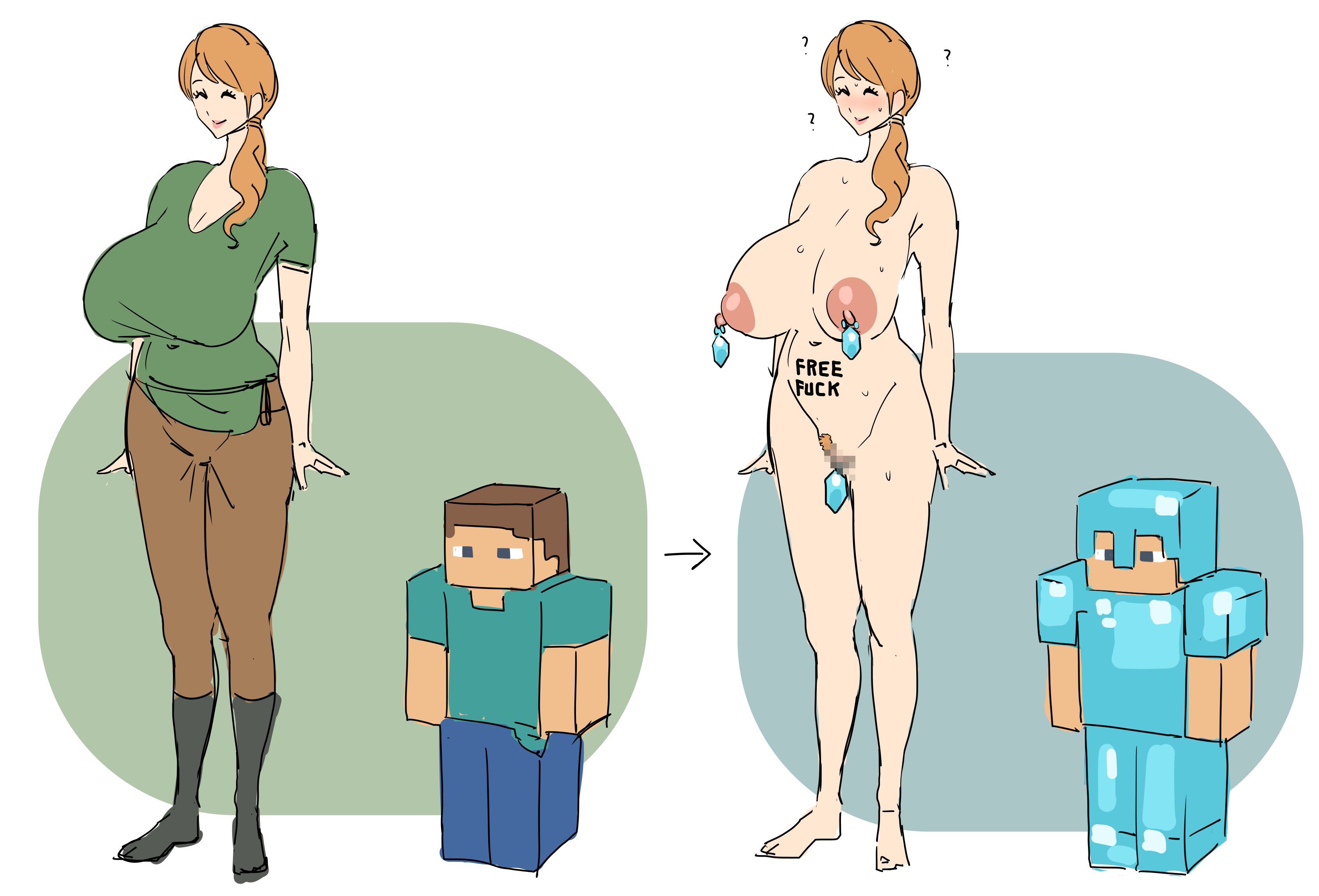 1boy, 1girls, 2025, 2d, alex (minecraft), alternate body type, areola, areolae, armor, before and after, big breasts, blonde hair, blush, body writing, boots, breasts, brown pants, censored, child bearing hips, cleavage, clitoris, clitoris piercing, closed eyes, closed eyes smile, confused, confusion, curvaceous, curvy, curvy body, curvy female, curvy figure, embarrassed, embarrassed nude female, english text, female, female pubic hair, footwear, full body, green shirt, hi res, high resolution, highres, hourglass figure, impractical armor, jewelry, kandenki, light skin, light-skinned female, lipstick, long hair, male, mature female, minecraft, mosaic censoring, narrow waist, navel, nipple piercing, nude, nude female, nude female clothed male, pants, piercing, ponytail, pubic hair, pussy, question mark, sagging breasts, shirt, simple background, slim waist, smaller male, standing, steve (minecraft), sweat, sweatdrop, sweating, text, thick thighs, thighs, voluptuous, voluptuous female, wide hips