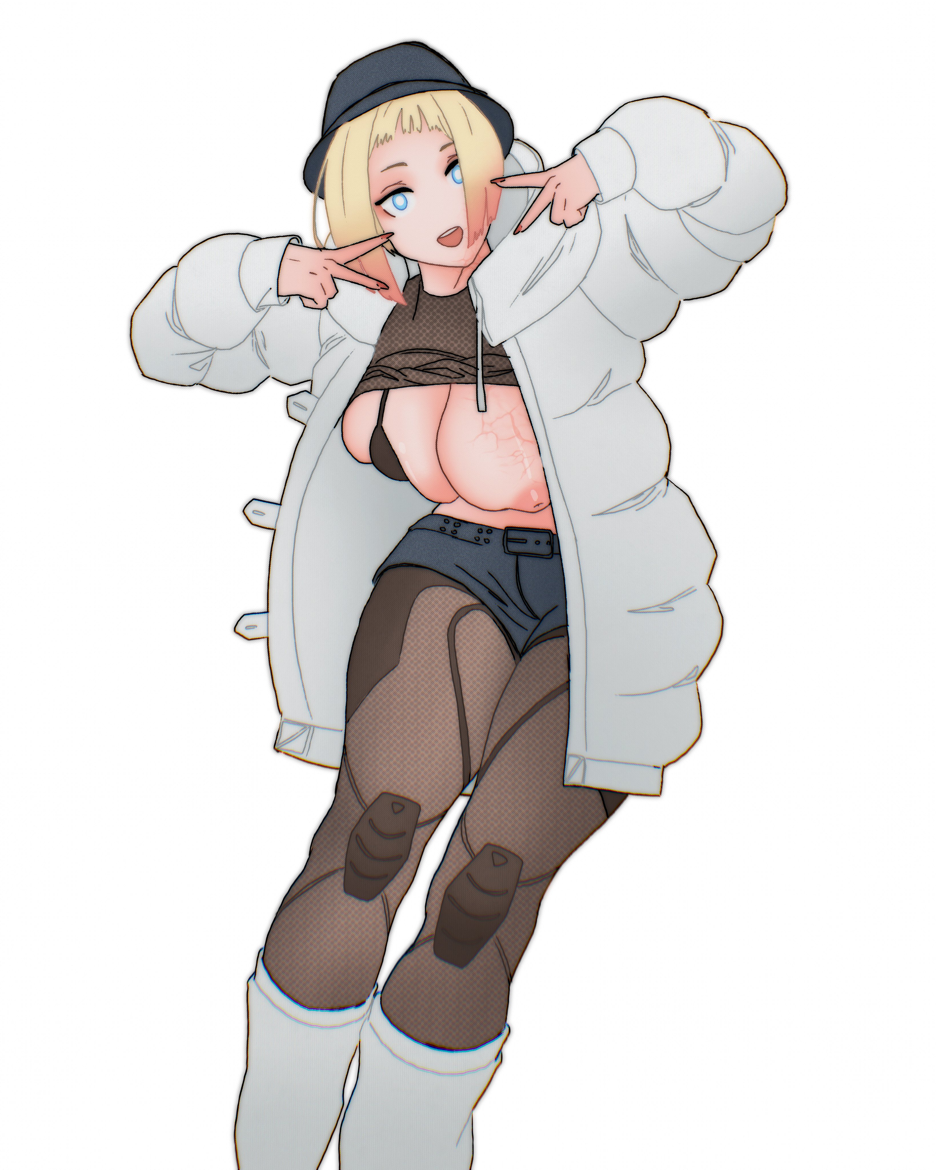 apex legends, big breasts, bikini, blonde hair, blue eyes, breasts, female, flashing, mostly clothed, one breast out, thick thighs, ueda8039, v sign, veiny breasts, wattson (apex legends)